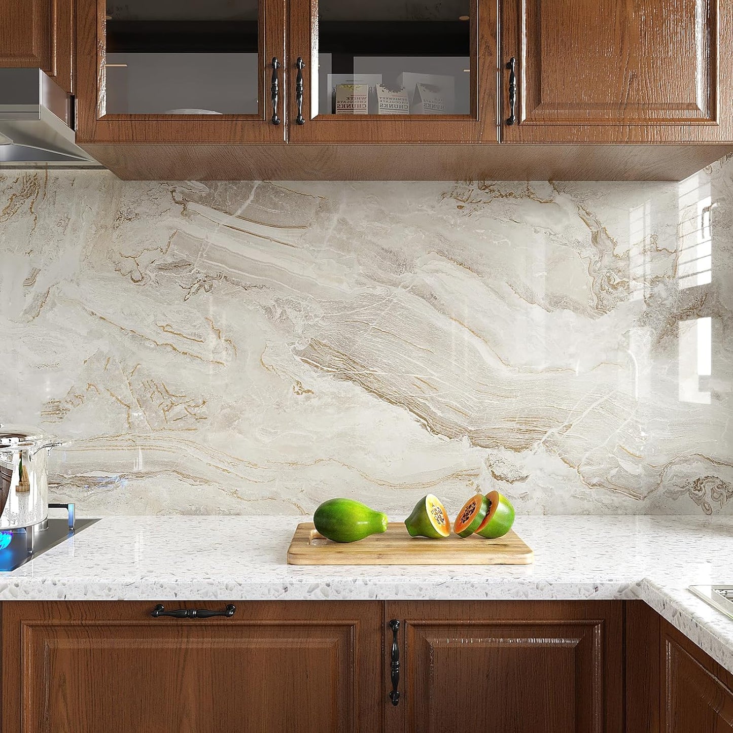 VEELIKE 15.7''x118'' Beige Gold Liquid Marble Contact Paper for Countertops Peel and Stick Waterproof Granite Countertop Paper Self Adhesive Marble Wallpaper Vinyl Roll for Kitchen Bathroom Table Wall