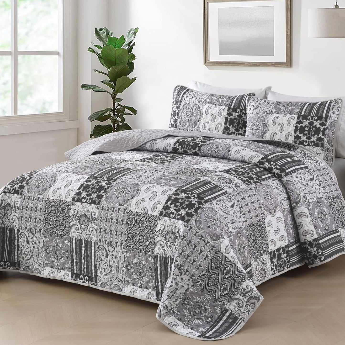 WONGS BEDDING Grey Quilt Set King Size, Patchwork Plaid Bedspread Bedding Sets Soft Microfiber Boho Quilts for King Bed 3 Pieces Coverlet Set for All Season (104"x90")