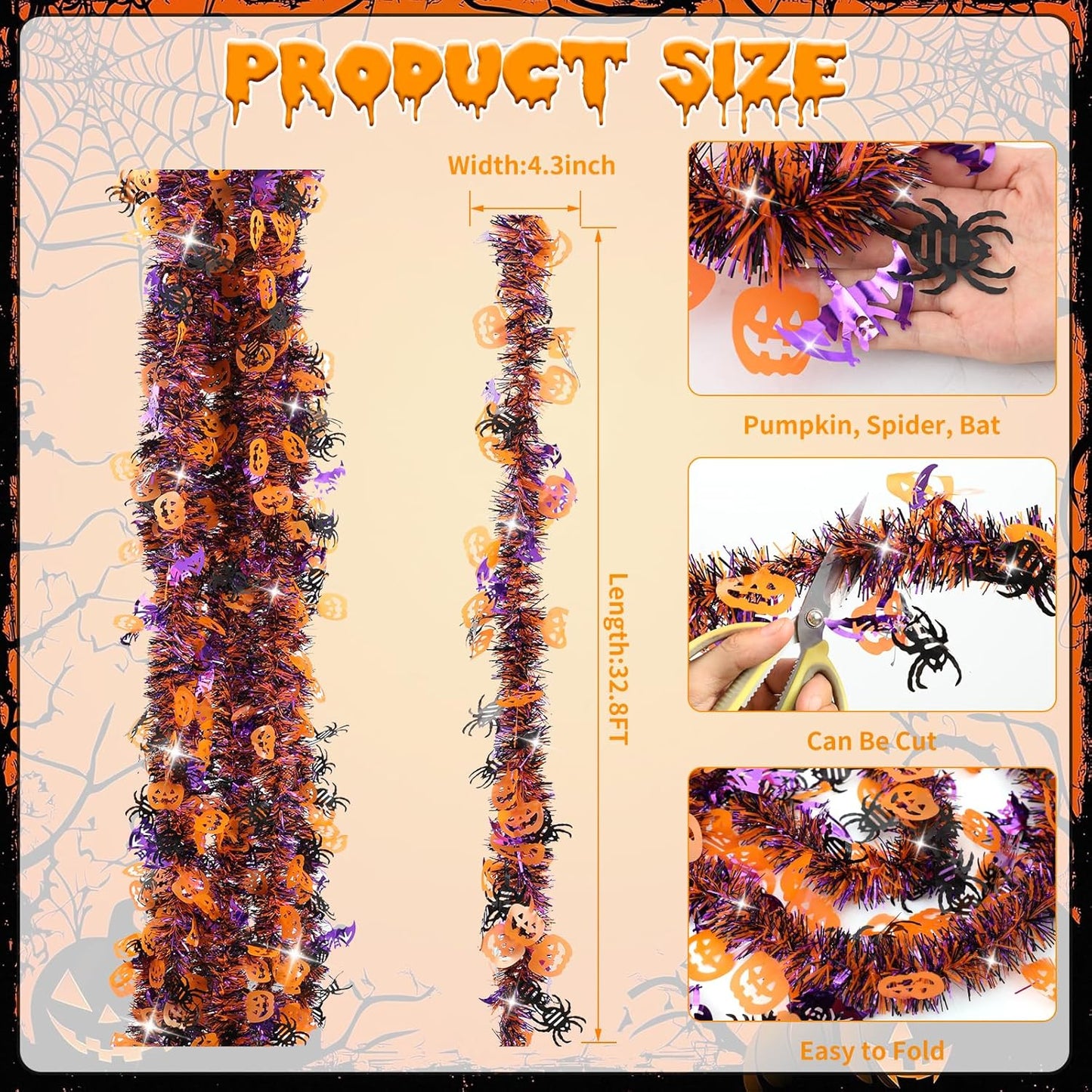 33 FT Halloween Tinsel Garland Decorations,Orange Purple Black Halloween Garland with Pumpkins, Bat, Spider Shiny Metallic Garlands for Indoor Outdoor Decorations