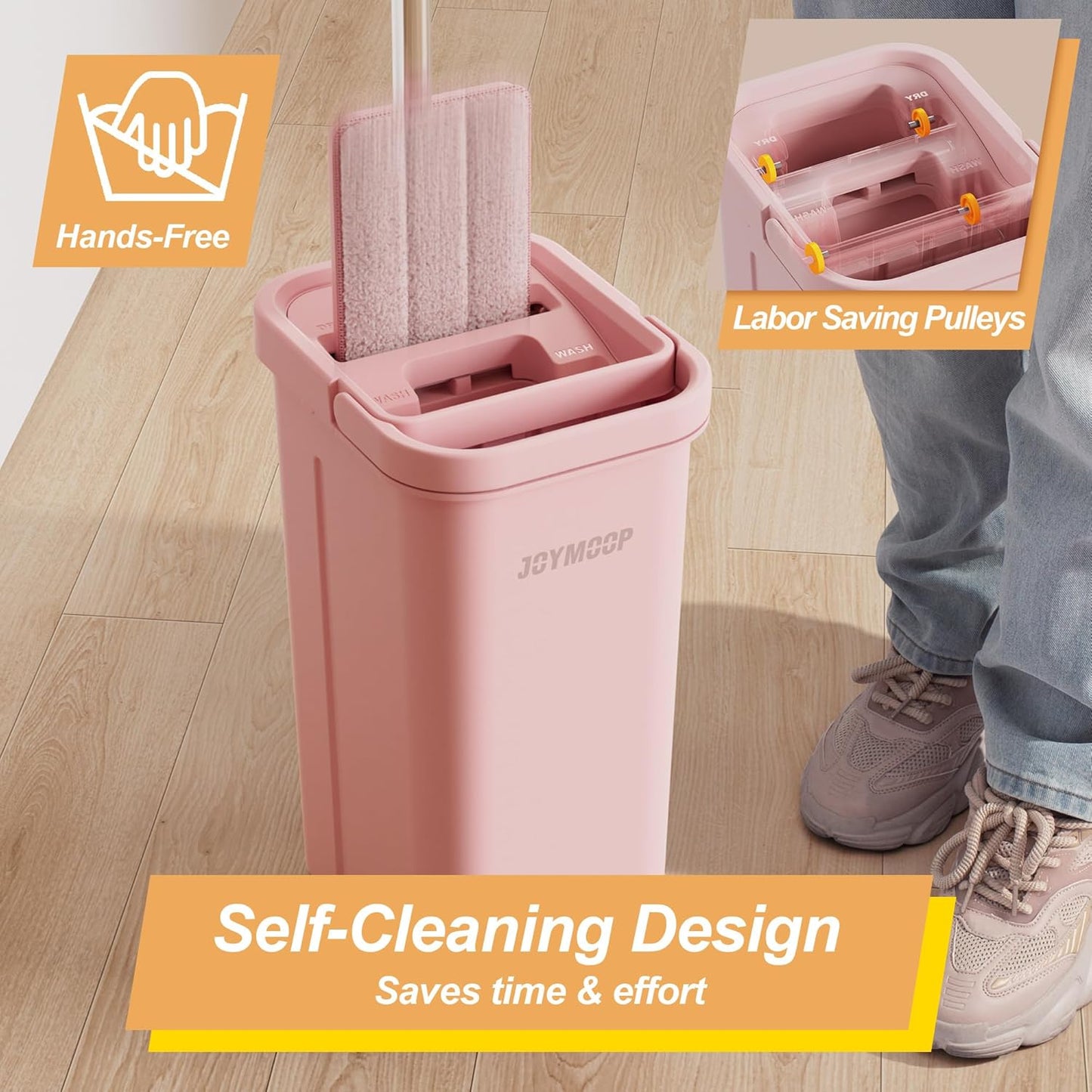 JOYMOOP Pink Mop and Bucket with Wringer Set for Home, with 3 Reusable Microfiber Mop Pads, Hands-Free Self-Cleaning System, Suitable for Floor Cleaning and Wall Cleaner