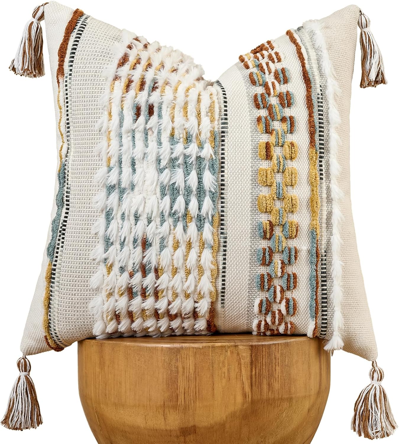 AmHoo Chenille Striped Tufted Textured Boho Throw Pillow Covers Aesthetic with Tassels Woven Decorative Pillow Case for Couch Bed Sofa Bedroom Modern Funky 18 x 18-Inch Brown White