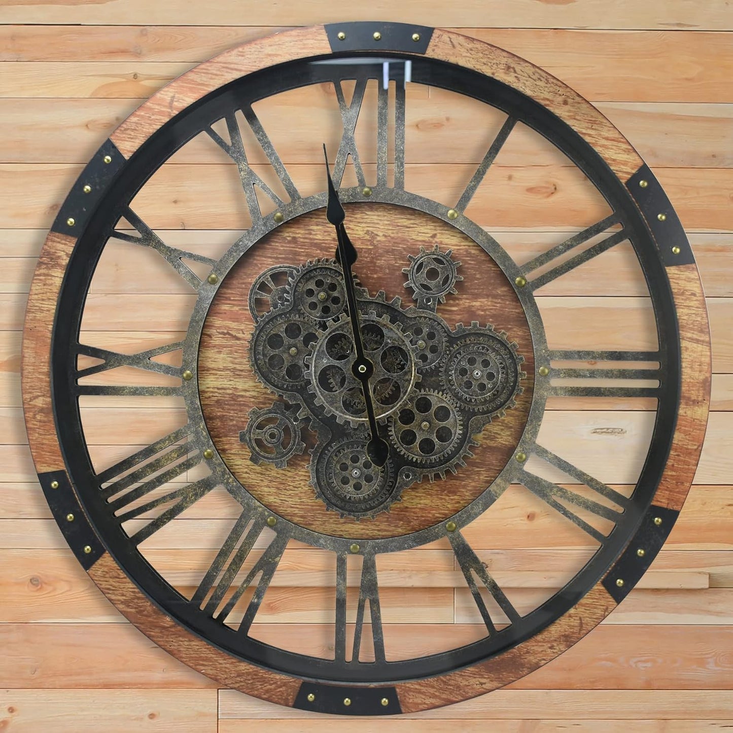 DORBOKER 36'' Large Wall Clock Real Moving Gears Oversized Industrial Solid Wood Rusic Farmhouse Clocks for Living Room Wall Decor Home Office, 36 inch 90cm, Brown and Vintage Bronze