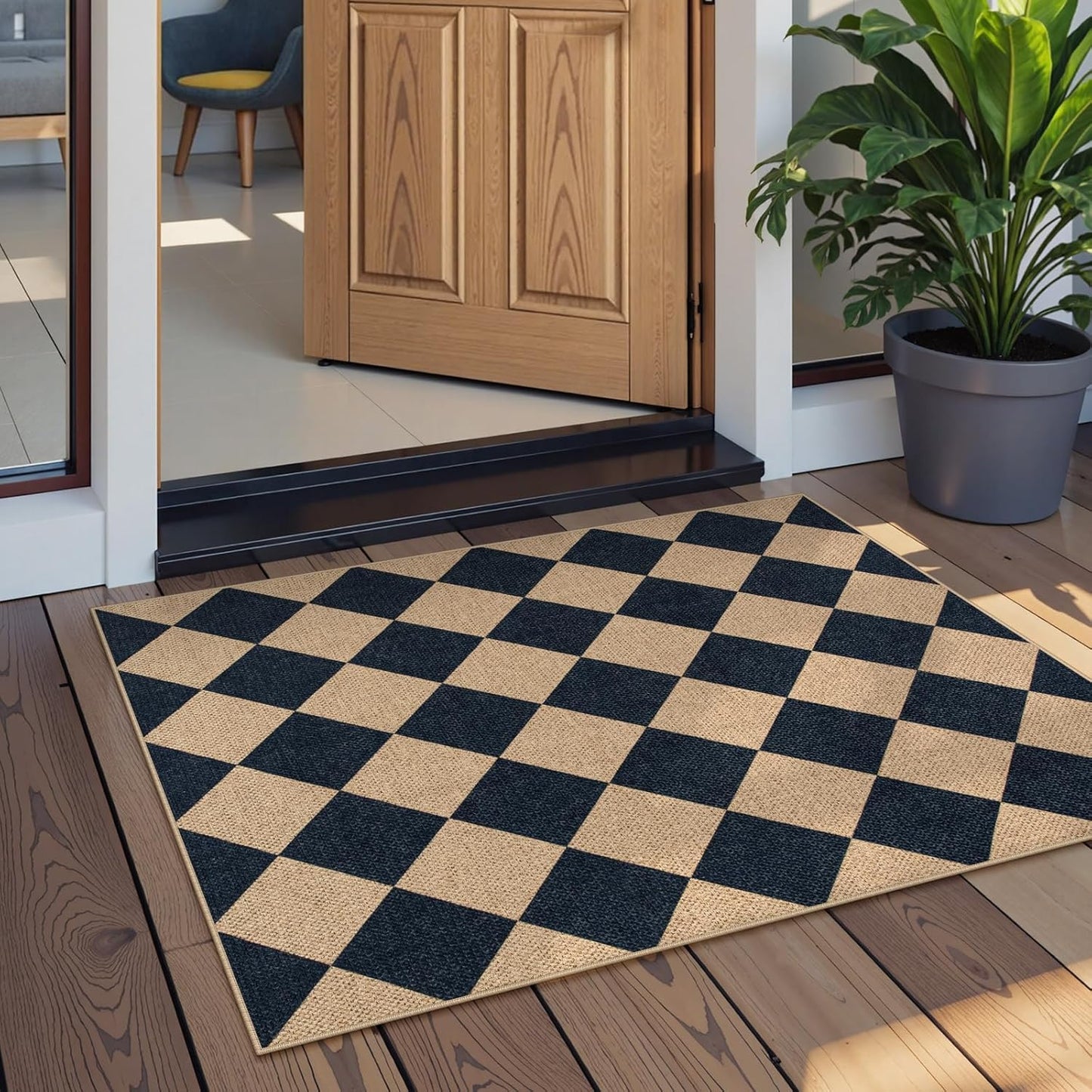 Lahome Checkered Easy Jute Kitchen Rug, 2x3 Front Door Mat Non Slip Washable Neutral Area Rug, Farmhouse Diamond Non Shedding Low Pile Floor Carpet for Entryway Porch Doorway