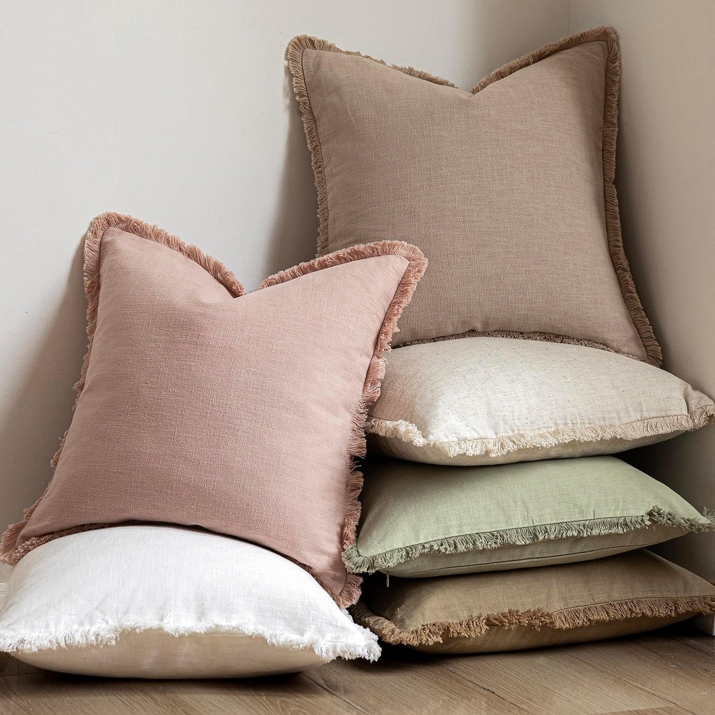 Foindtower Set of 2 Decorative Linen Fringe Throw Pillow Covers Boho Farmhouse Cushion Cover with Tassels Soft Accent Pillowcase for Couch Chair Sofa Bed Living Room Home Decor,24×24 Inch,Light Pink