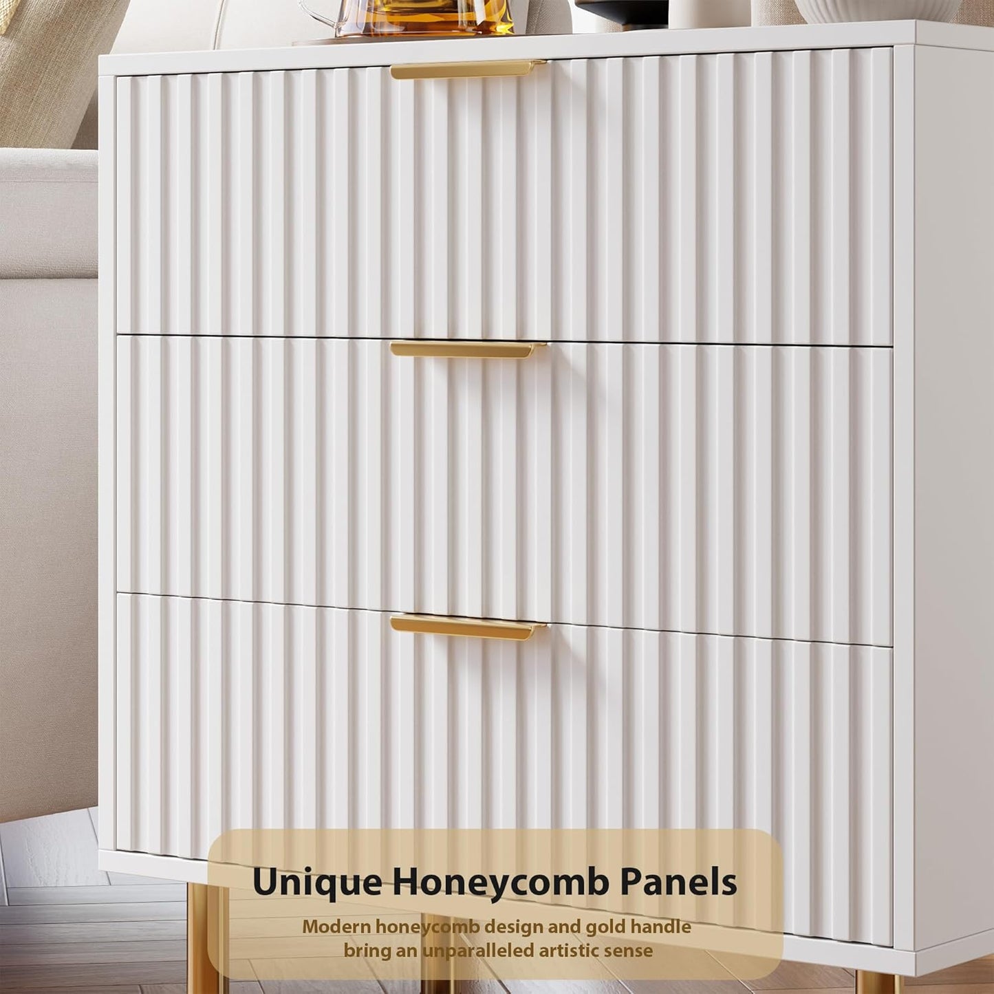 White 3 Drawer Dresser for Bedroom, Fluted Modern Nightstand with Deep Drawers, Chest of Drawers with Wide Top, Wooden Dresser Organizer, Side Table for Living Room, Hallway, Kids Room