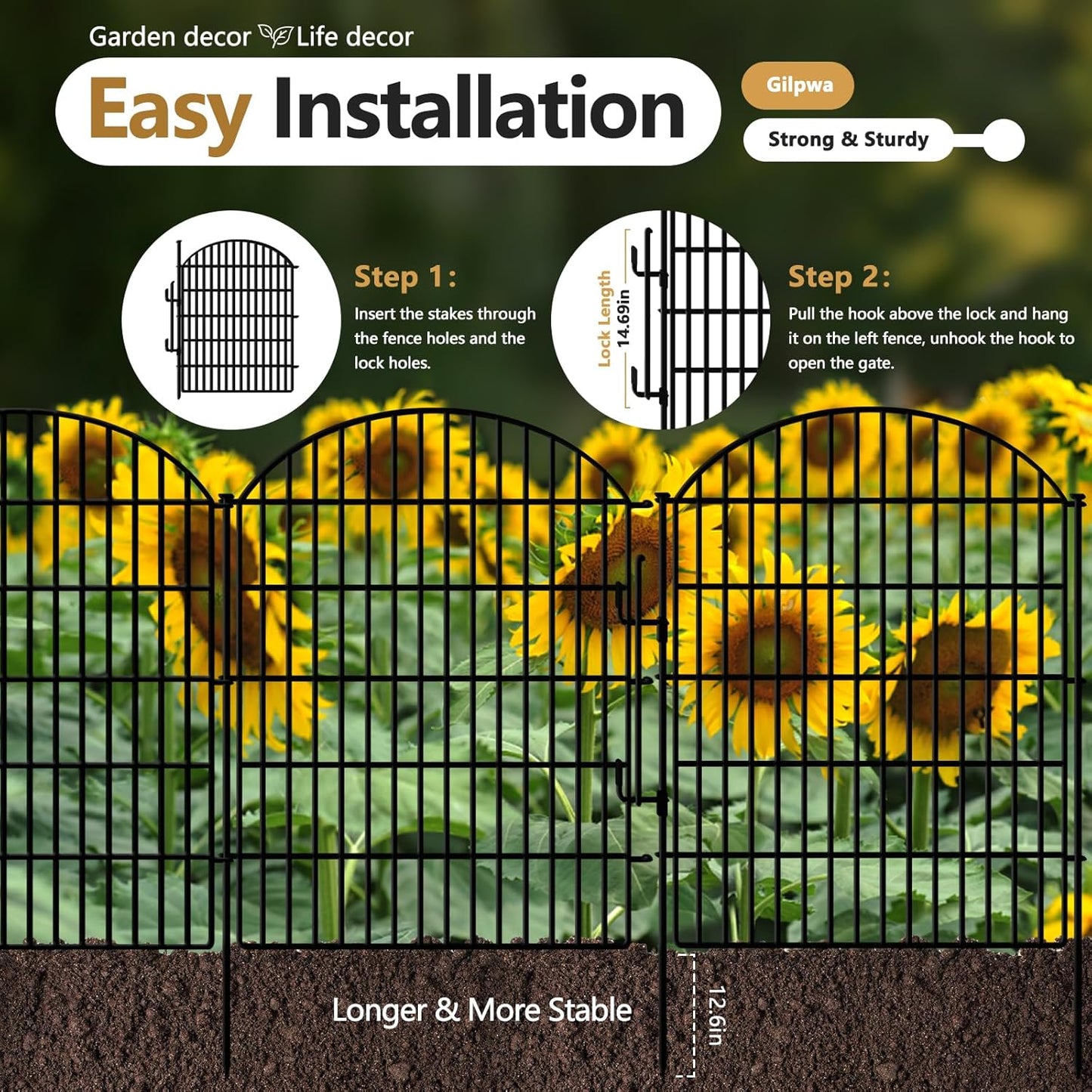 10 Panels Decorative Garden Fencing with Lock, 33in (H) x 21.92ft (L) No Dig Dog Fence Outdoor for Yard, Animal Barrier Rustproof Metal Temporary Panel Border for Rabbit, Dog and Patio Camping