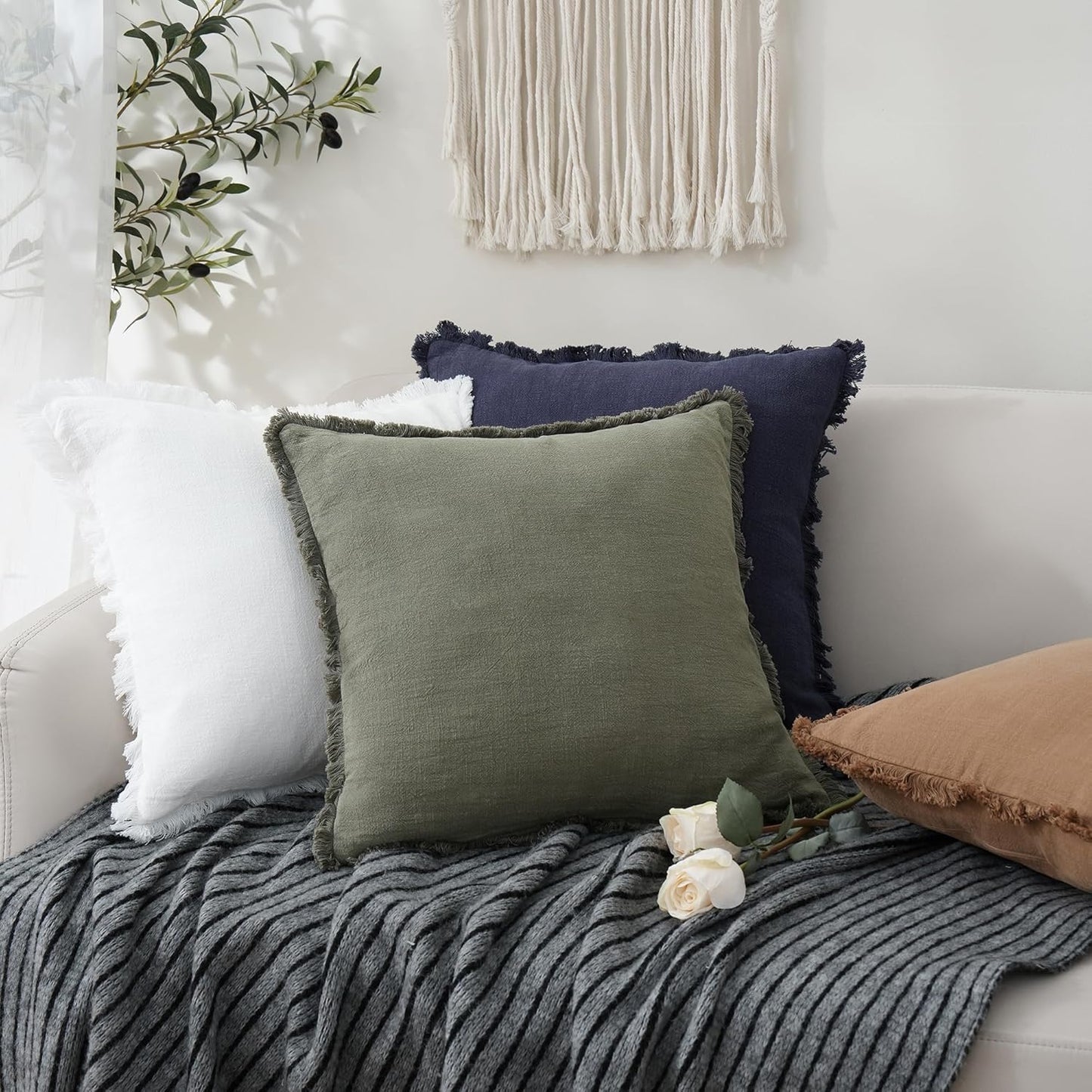 Foindtower Set of 2 Decorative Linen Fringe Throw Pillow Covers Cozy Boho Farmhouse Cushion Cover with Tassels Soft Accent Pillowcase for Couch Sofa Bed Living Room Home Decor, 26×26 Inch, Olive Green