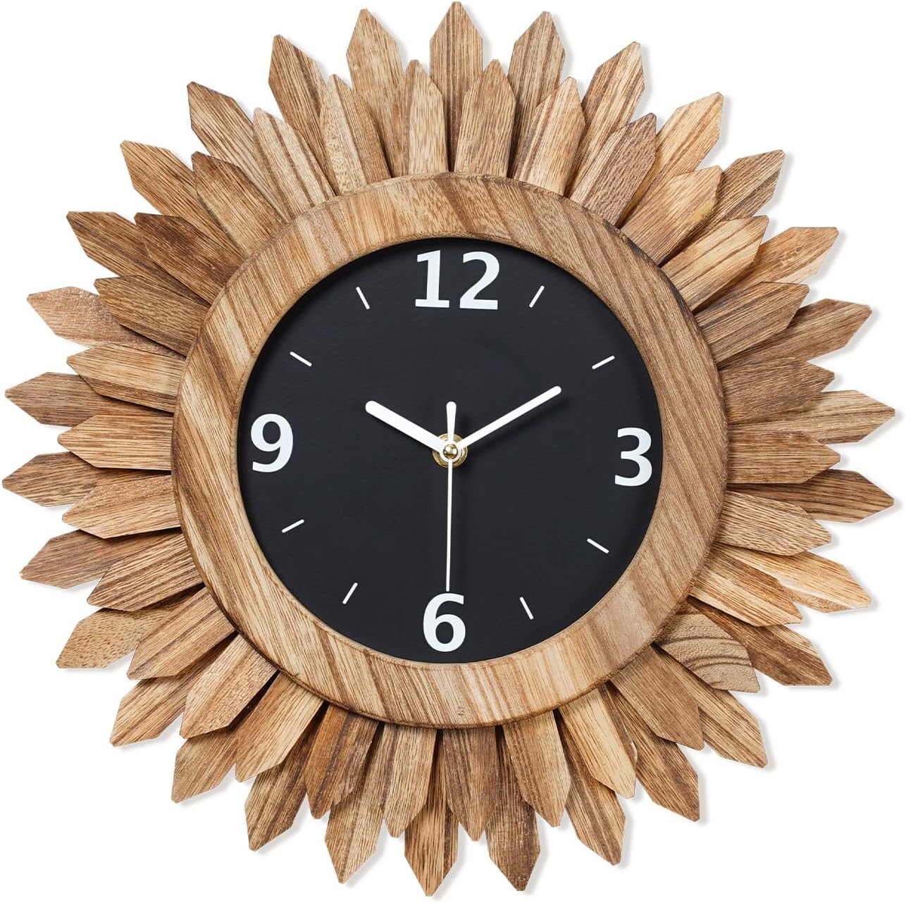 Honiway 14 Inch Wall Clock, Rustic Wood Boho Sunburst Decorative Wall Clocks Battery Operated Silent Non Ticking Farmhouse Small Wall Clocks for Living Room Kitchen Bedroom Home Decor (Rustic Brown)