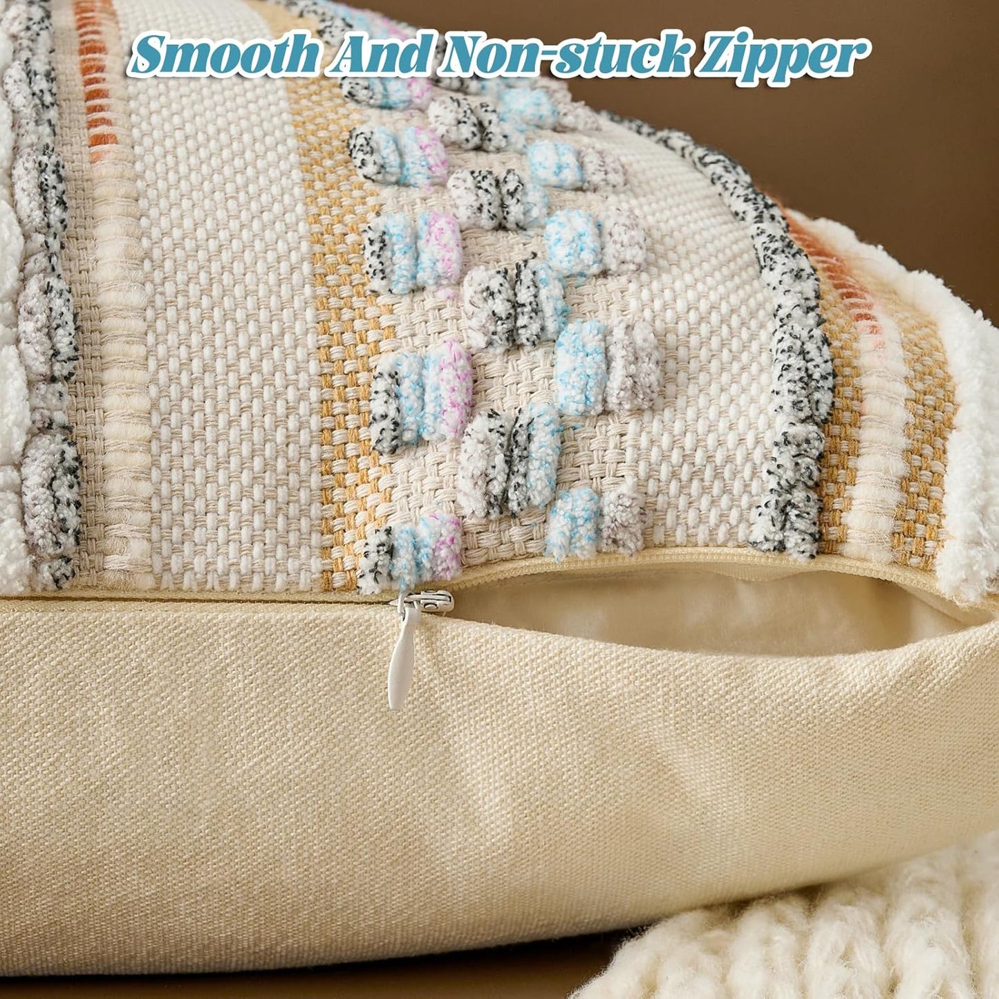 AmHoo Chenille Striped Textured Boho Throw Pillow Covers Aesthetic with Tassels Woven Decorative Pillow Case for Couch Bed Sofa Bedroom Modern Funky 18 x 18-Inch White Multicolor