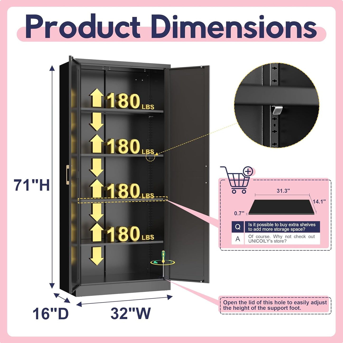 71" Storage Cabinet, Metal Pantry Cabinet, Kitchen Pantry Storage Cabinets with Doors and 4 Shelves for Laundry Room, Living Room, Dinning Room, Assembly Required, Black