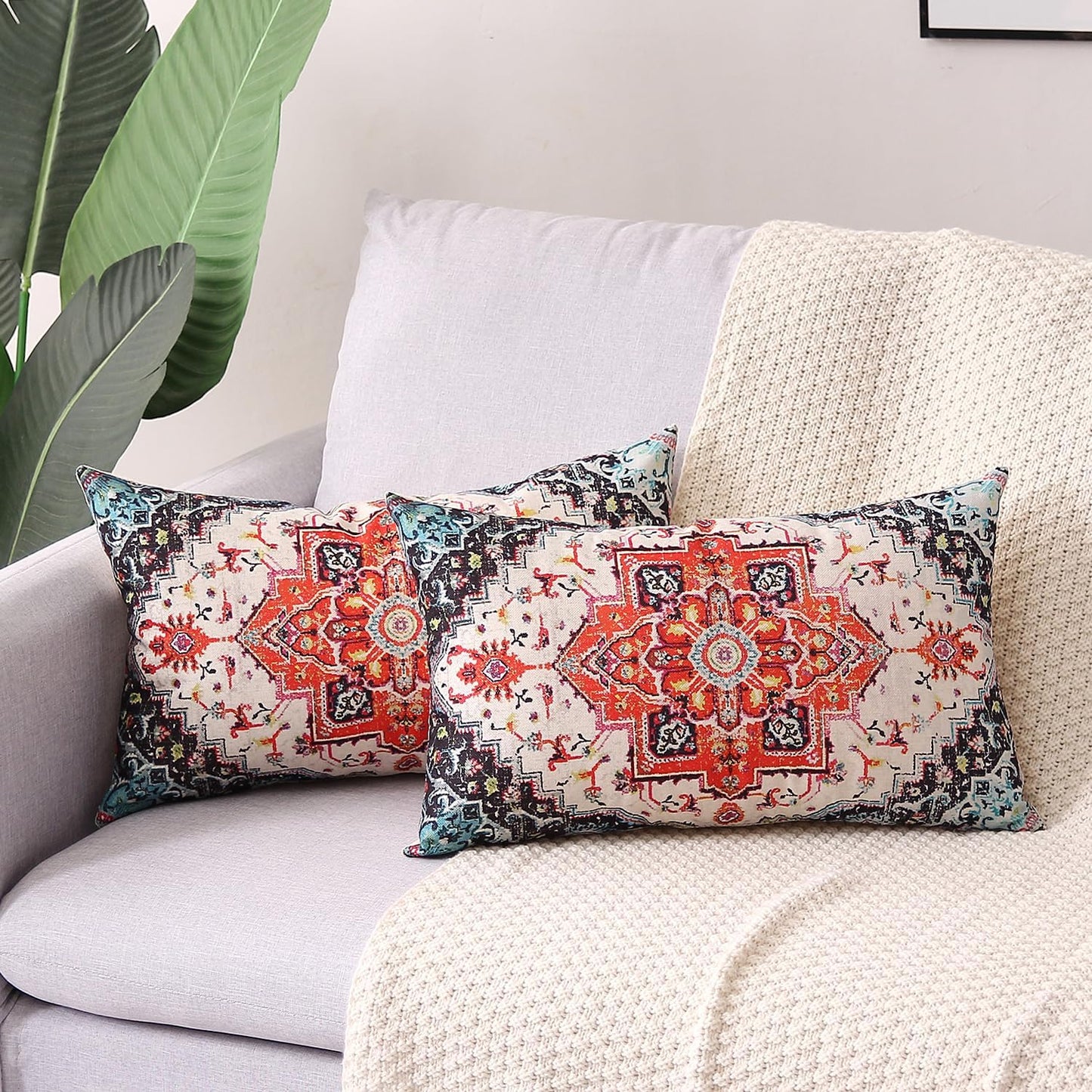 Outdoor Waterproof Pillow Covers - 12 x 20 Inch Set of 2, Orange Bohemian Vintage Carpet Pattern, Ethnic Design Decorative Farmhouse for Couch, Garden, Balcony