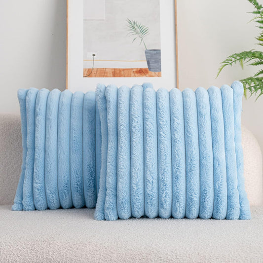 DEELAND Pack of 2,Double-Sided Faux Fur Plush Decorative Throw Pillow Covers Fuzzy Striped Soft Pillowcase Cushion Covers for Sofa Couch Bedroom Lightblue 24x24 inch