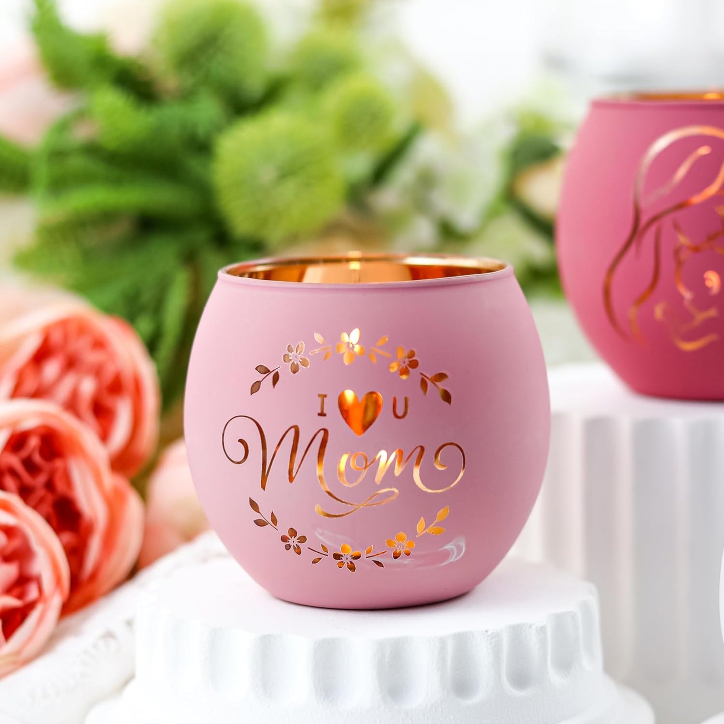 Birthday Gifts for Mom, Delicate Mother Gifts from Daughter Son, Engraved Glass ealight Votive Candle Holder Pink, Mothers Day Christmas Birthday Gifts for Mom, Ideas 6PCS