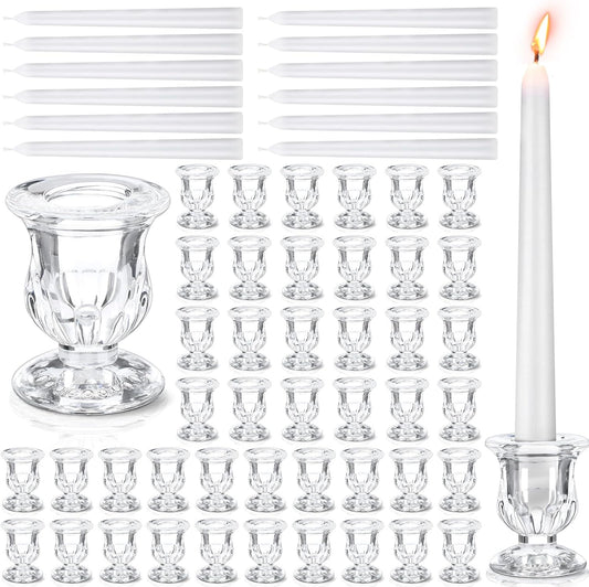 144 Pcs Glass Taper Candle Holders Bulk 2. 5 Inch Clear Candlestick Holder with Long Tapered Candles Candle Sticks Set for Table Centerpiece Wedding Christmas Party Decoration