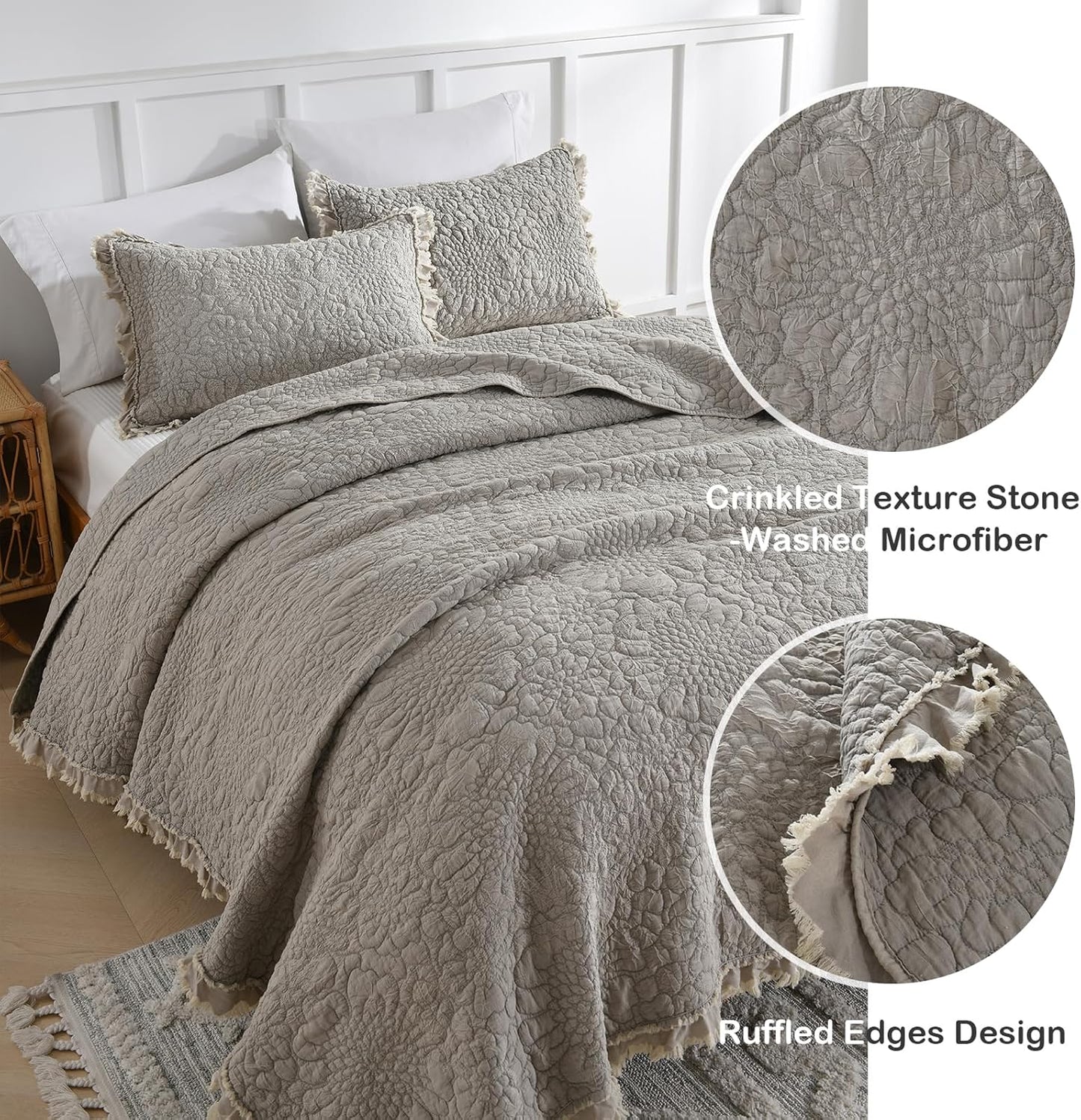 HORIMOTE HOME Beige Ruffled Quilt King Size, Stone-Washed Microfiber Lightweight Crinkled Farmhouse Rustic Shabby Chic Bedding Set, 3 Pieces Reversible Bedspread with Pillow Shams for All Season