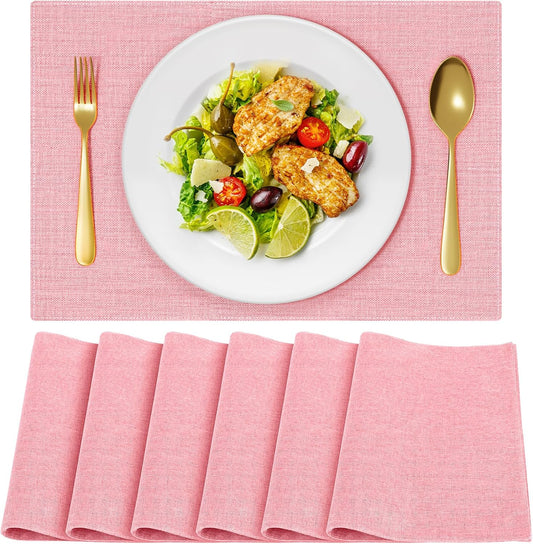 Cloth Placemats, Set of 6 Heat-Resistant Cotton Linen Blend Double Layered Machine Washable Place Mats, Wrinkle Free Thick Fabric Dining Table Mats for Indoors & Outdoors (Baby Pink, 6)