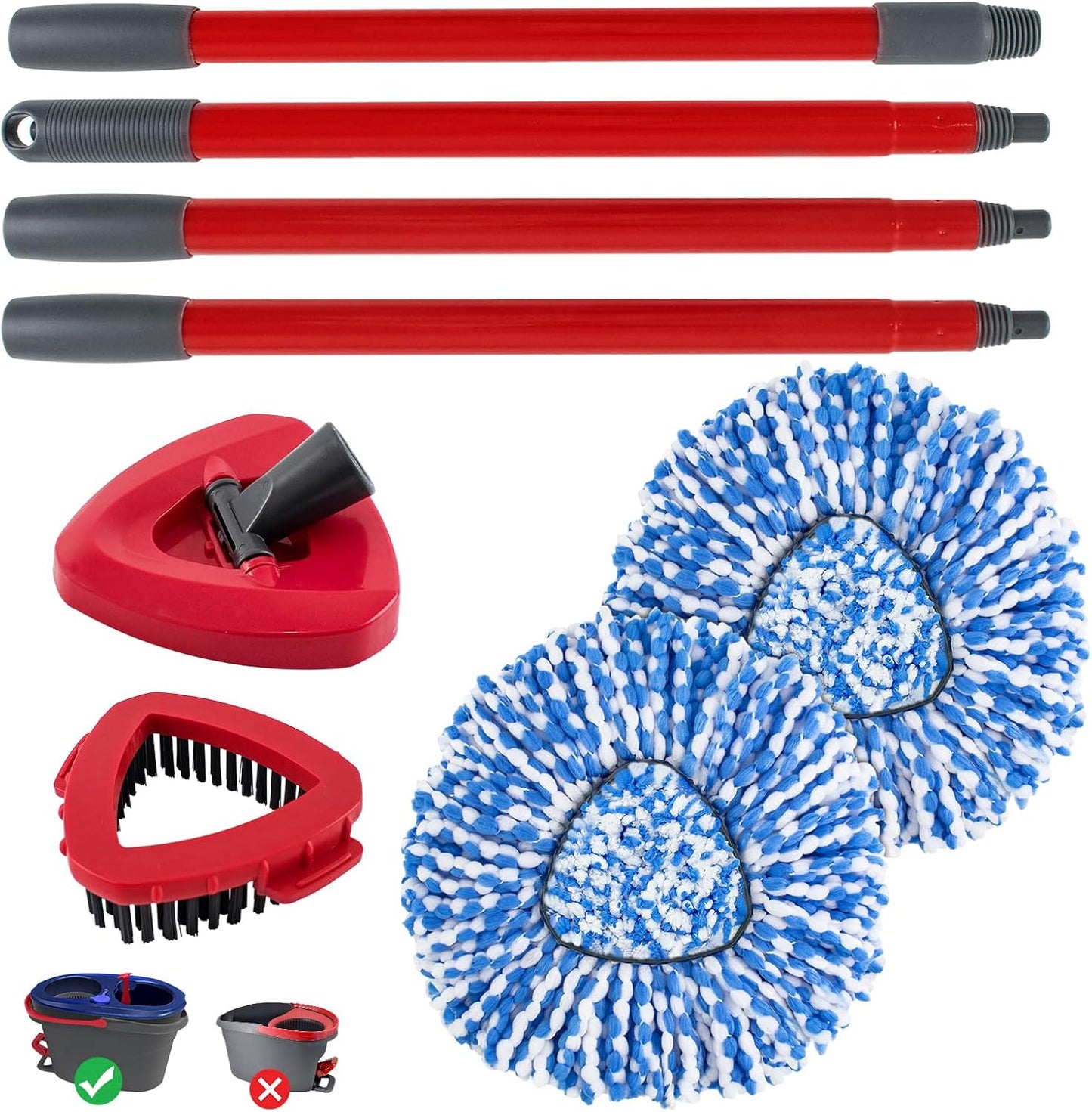 Spin Mop Head,Mop Handle,Base,Brush Compatible with Ocedar RinseClean 2 Tank Spin Mop System,2 Microfiber Spin Mops Replacement Head,4 Section Iron Mop Handle 30-58",Base and Scrub Brush Combo Set