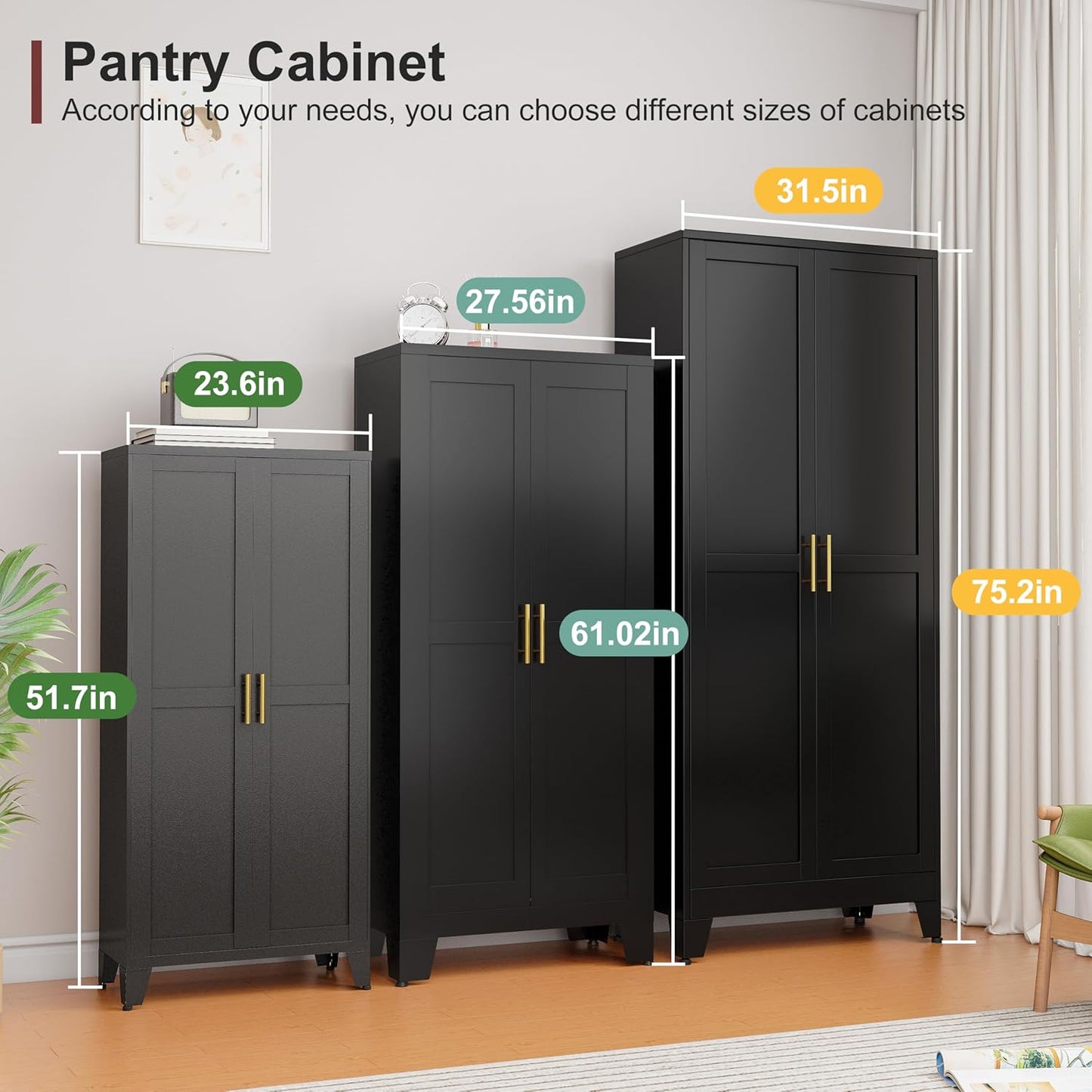 Metal Pantry Cabinet with 2 Doors and Adjustable Shelves, 61"Kitchen Storage Cabinet with Gold Handles, Versatile Storage for Laundry, Living, Bathroom, Dining, Utility Room - Black