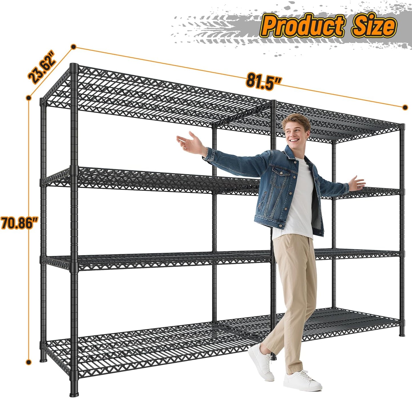 REIBII 81.5''W Storage Shelves 3680LBS Garage Shelving Heavy Duty 4 Tier Metal Shelving Unit Adjustable Wire Shelf and Storage Pantry Shelves for Kitchen Garage, 81.5Wx23.62Dx70.86H，Black, 2PCS