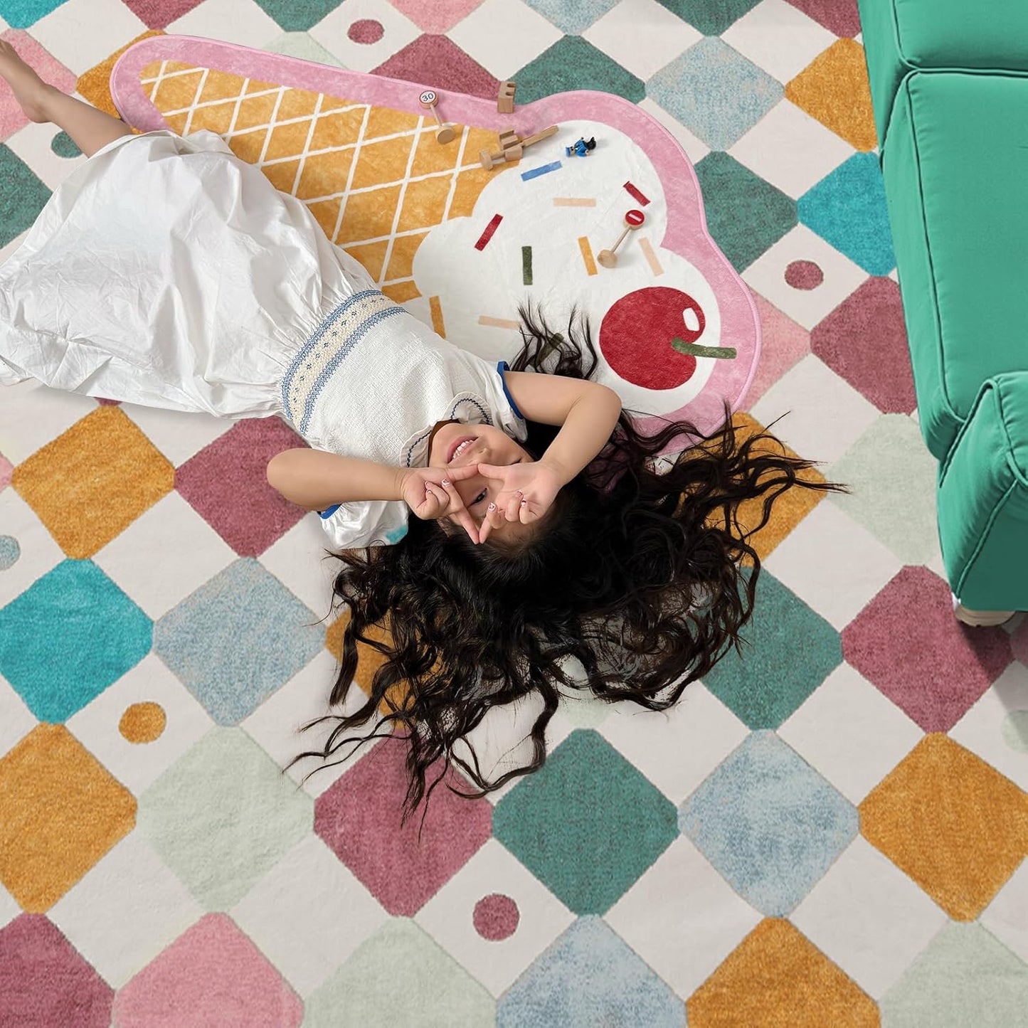 jinchan Kids Rug for Classroom 8ft Radius Corner Washable Area Rug Modern Colorful Quarter Circle Rug Soft Non-Slip Carpet for Nursery Playroom Daycare Reading Nook Living Room Confetti on Cream