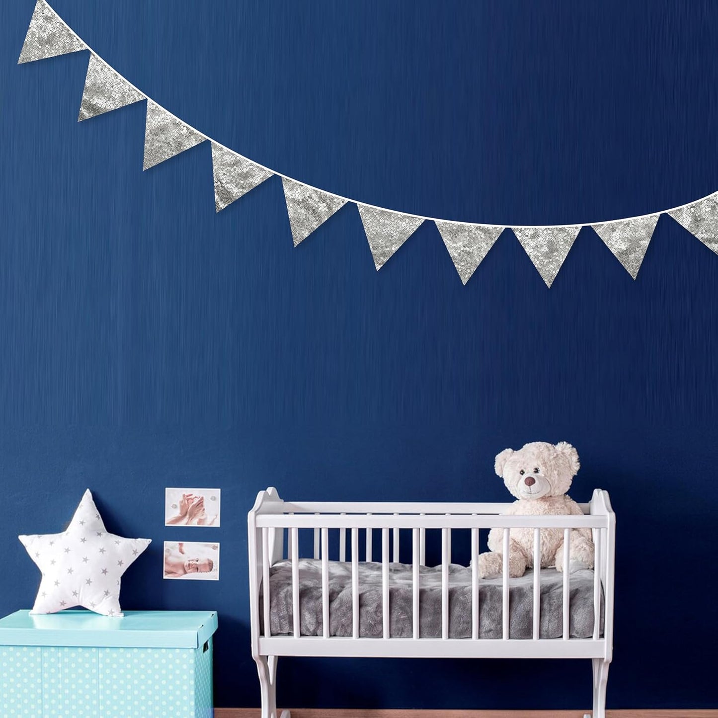 Pinkblume Double Sided Sequin Fabric Triangle Pennant Banner Flag Bunting Garland for Silver Theme Nursery Classroom Home Bedroom Wall Holiday Christmas Decor