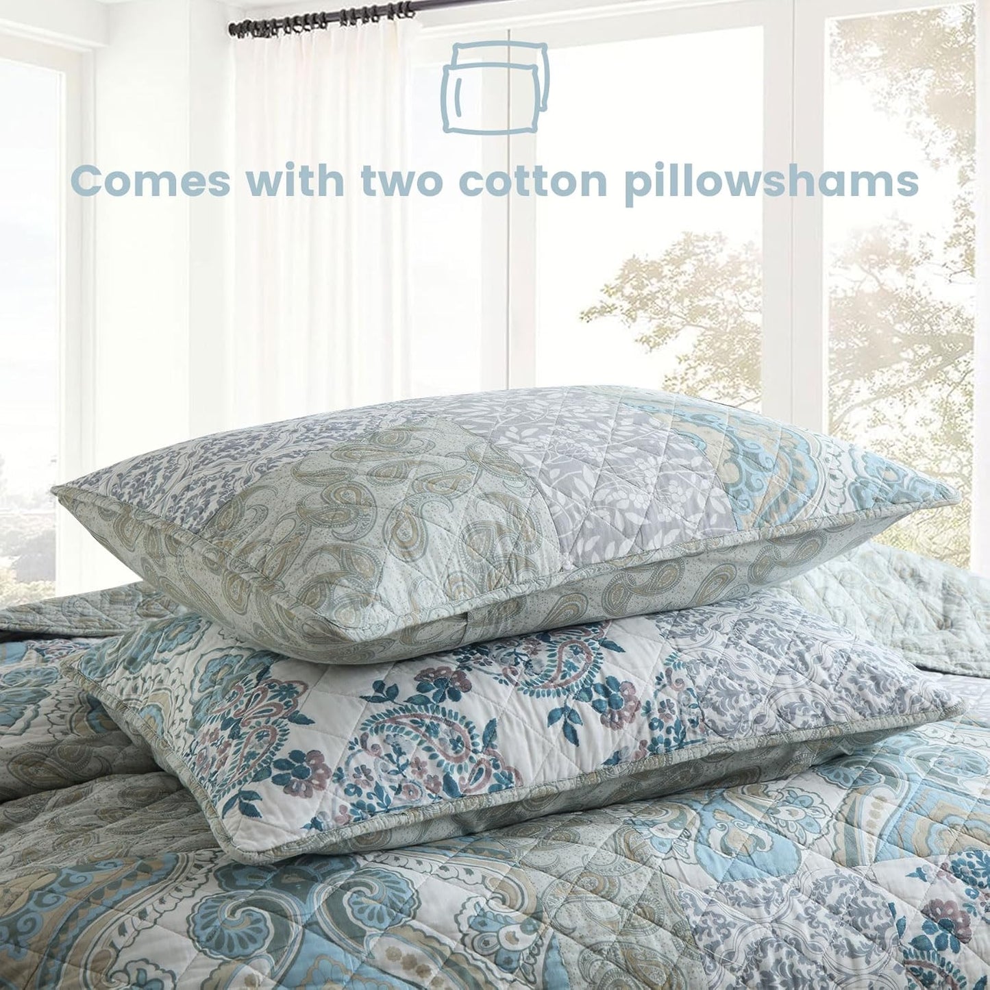 Secgo Queen Size Comforter Set- 100% Cotton Quilt Queen Size Set, Green, Sage bedspreads (90 * 96 Inch) with 2 Pillow Shams, Patchwork Reversible Lightweight Bedding