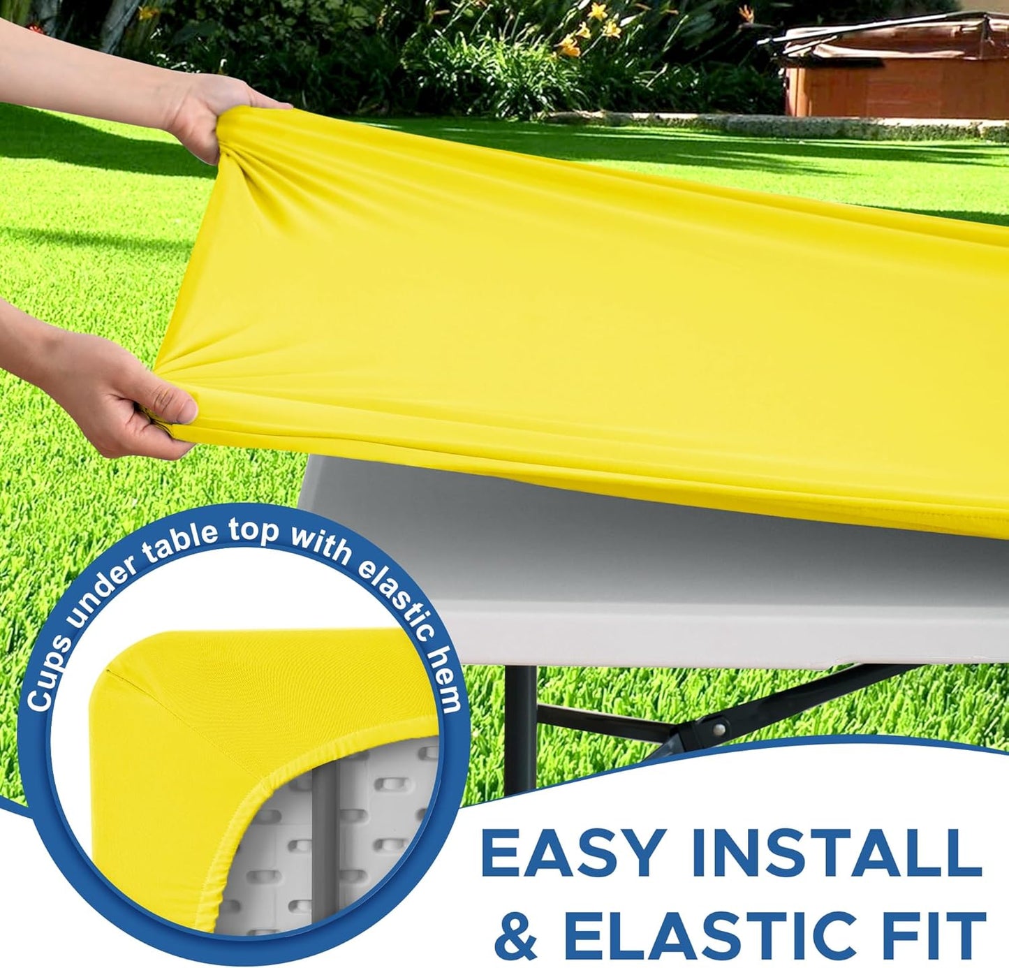 Fitted Tablecloth for 8 Foot Rectangle Tables-4 Pack Yellow Elastic Outdoor Picnic Table Cover-Spandex Stretch Folding Table Cloths 8ft for Camping Dining Room Patio Kitchen Banquet Party