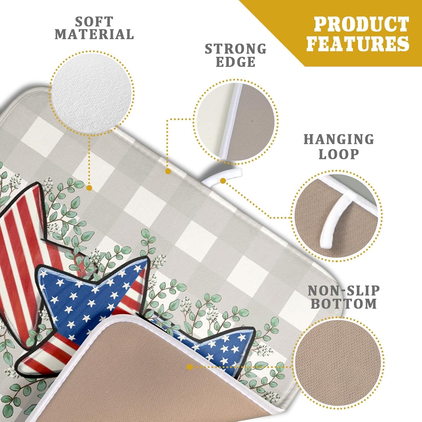 Patriotic Dish Drying Mat for Kitchen Counter Cute Stars 4th of July Holiday Absorbent Reversible Microfiber Kitchen Countertop Protector Dishes Pad Small 16x18 inch