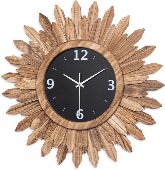 Honiway Large Wall Clock Battery Operated 21 in Rustic Wood Boho Sunburst Decorative Wall Clock Silent Non Ticking Farmhouse Wall Clocks for Living Room Bedroom Kitchen Bathroom Decor (Rustic Brown)