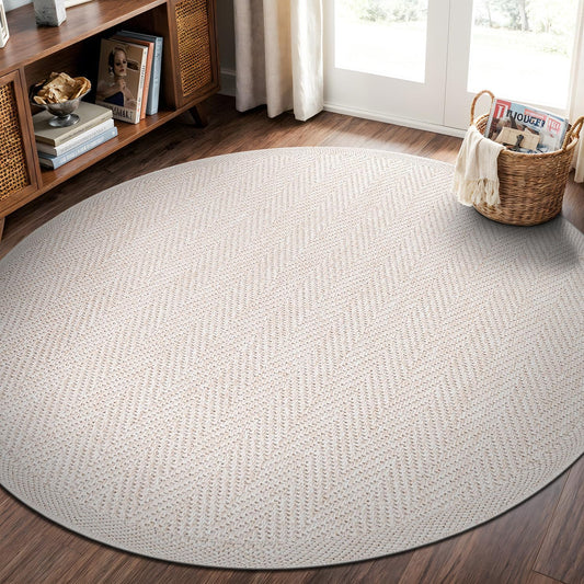 CAMILSON Easy Jute Round Rug 6ft Indoor Outdoor Off-White Color Fiber Area Rugs for Living Room and Patio Rug Herringbone Boho Woven Design Easy-Cleaning Washable Outside Carpet Alfombras (6 Round)