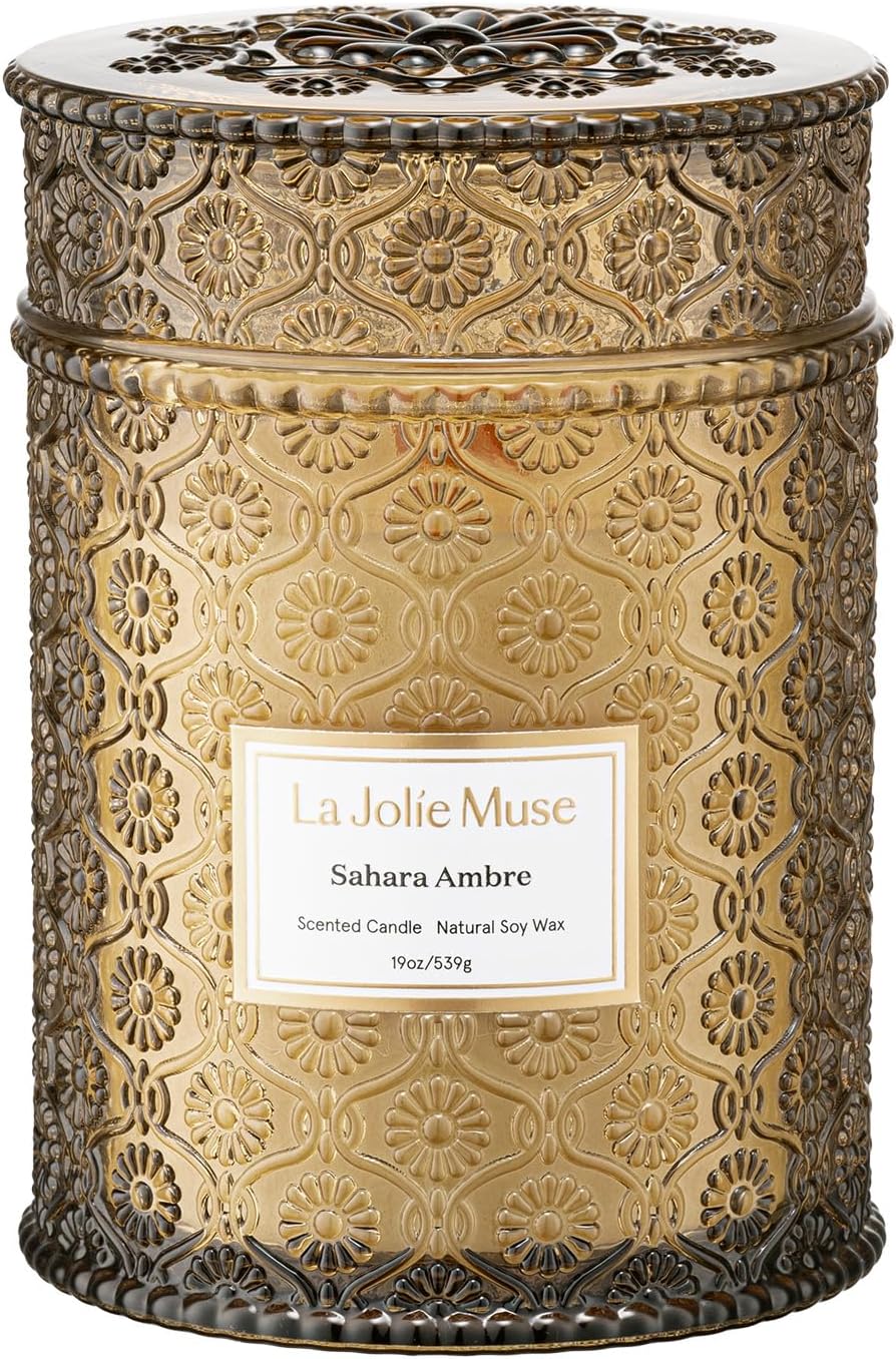 LA JOLIE MUSE Fall Candle | Sahara Amber Candle – Bergamot, Clove & Amber | 19 oz Wooden Wick | Natural Soy Wax | 90 Hours Clean Burn | Gift-Ready for Cozy Nights | Elevated Fall Décor
