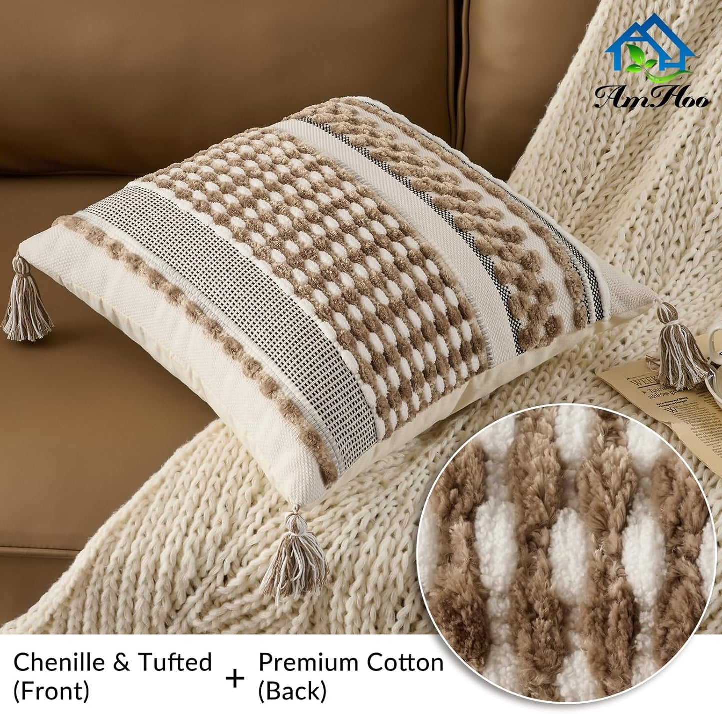AmHoo Set of 2 Chenille Striped Textured Boho Throw Pillow Covers Aesthetic with Tassels Woven Decorative Pillow Case for Couch Bed Sofa Bedroom Modern Funky 18 x 18-Inch Taos Taupe