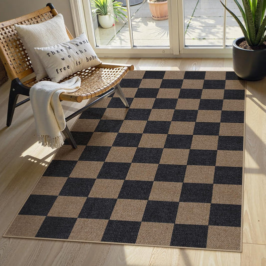Lahome Checkered Easy Jute 3x5 Rug, Washable Rugs for Living Room Entryway Farmhouse Non Slip Black Outdoor Carpet, Checkerboard Indoor Door Mat for Entry Patio Deck