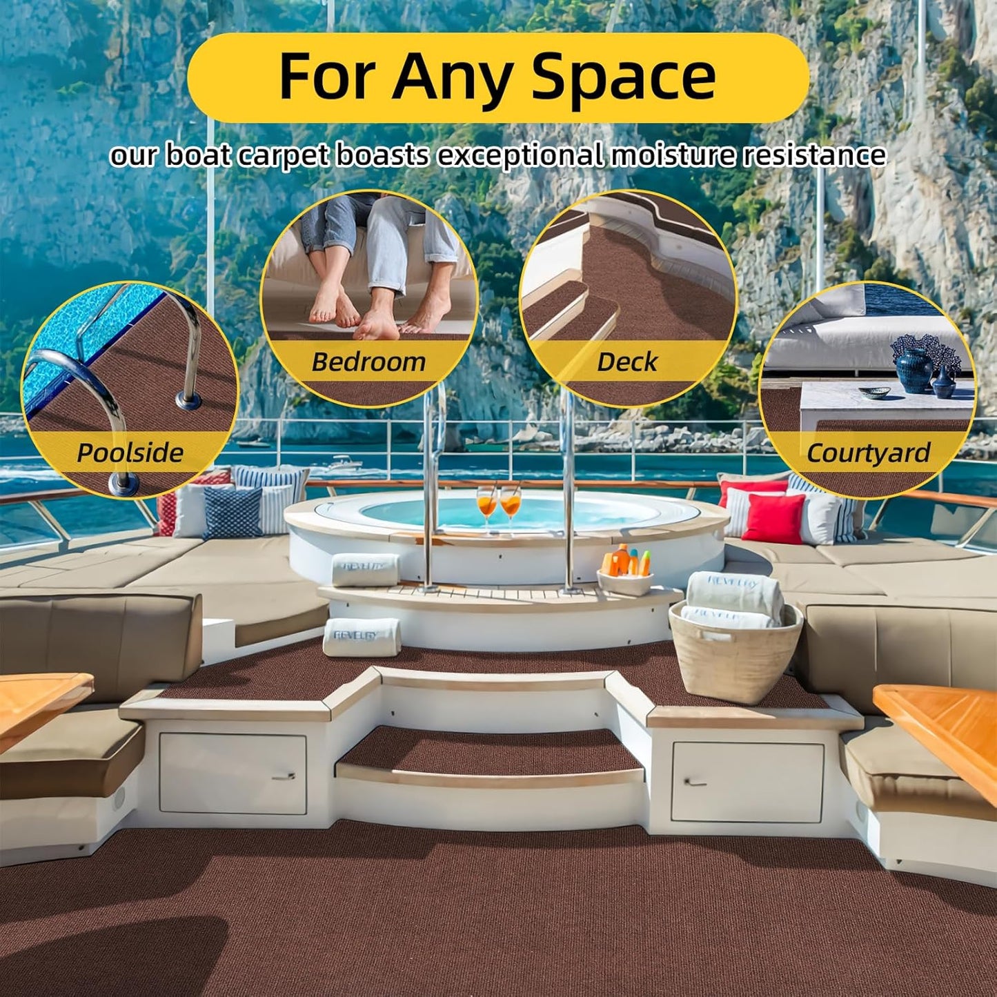 Marine Carpet,5 FT x 25 FT Brown Indoor Outdoor Carpet 0.2" Thick Boat Carpet with Water-Proof TPE Backing, Non-Slide Outdoor Marine Carpet Roll for Home, Patio, Porch, Deck