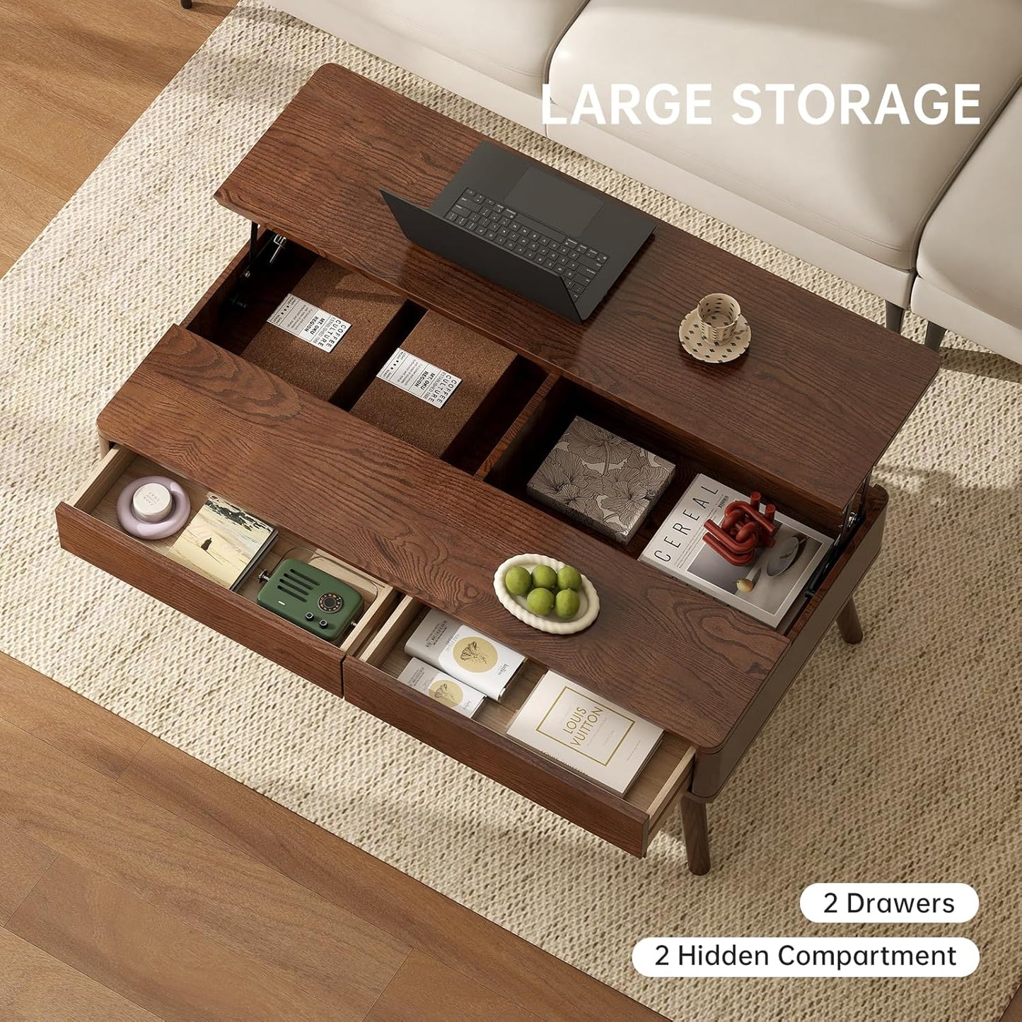 100% Solid Wood Lift Top Coffee Table for Living Room, Mid Century Modern Tables with Drawers and Large Storage, Oak Wood Coffee Tables for Small Spaces (Oak Walnut Color, 47.24"W x 23.62"D x 25.59"H)
