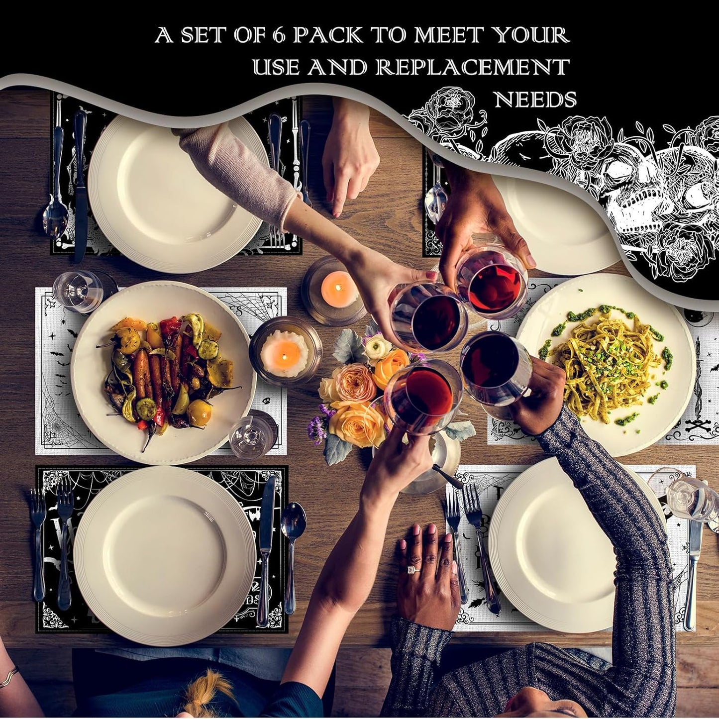 Umigy 6 Pcs Halloween Placemats 12"x18" Gothic Bat Placemats Kitchen Decoration Washable Witch Place Mats Rectangle Skull Table Mats for Halloween Dining Table Accessories(Black White Character Style)