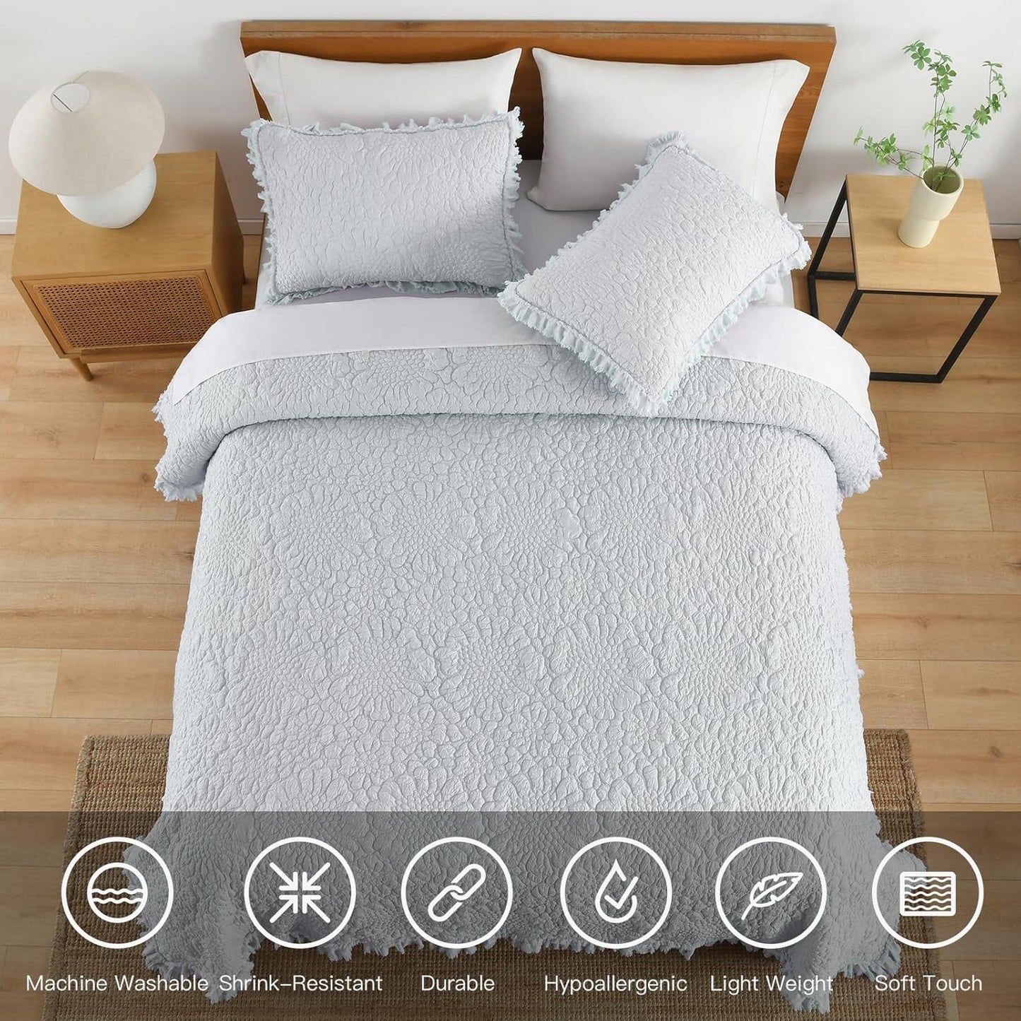 HORIMOTE HOME Light Blue Ruffled Quilt Twin Size, Stone-Washed Microfiber Lightweight Crinkled Farmhouse Rustic Shabby Chic Bedding Set, 2 Pieces Reversible Bedspread with Pillow Sham for All Season