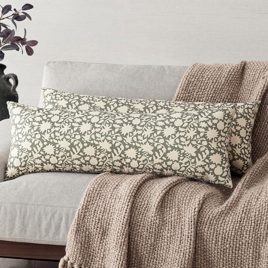 Foindtower Set of 2 Decorative Floral Long Body Lumbar Throw Pillow Covers Accent Farmhouse Cushion Cover Neutral Pillowcase For Couch Sofa Bedroom Living Room Home Decor Outdoor,14×36 Inch,Sage Green