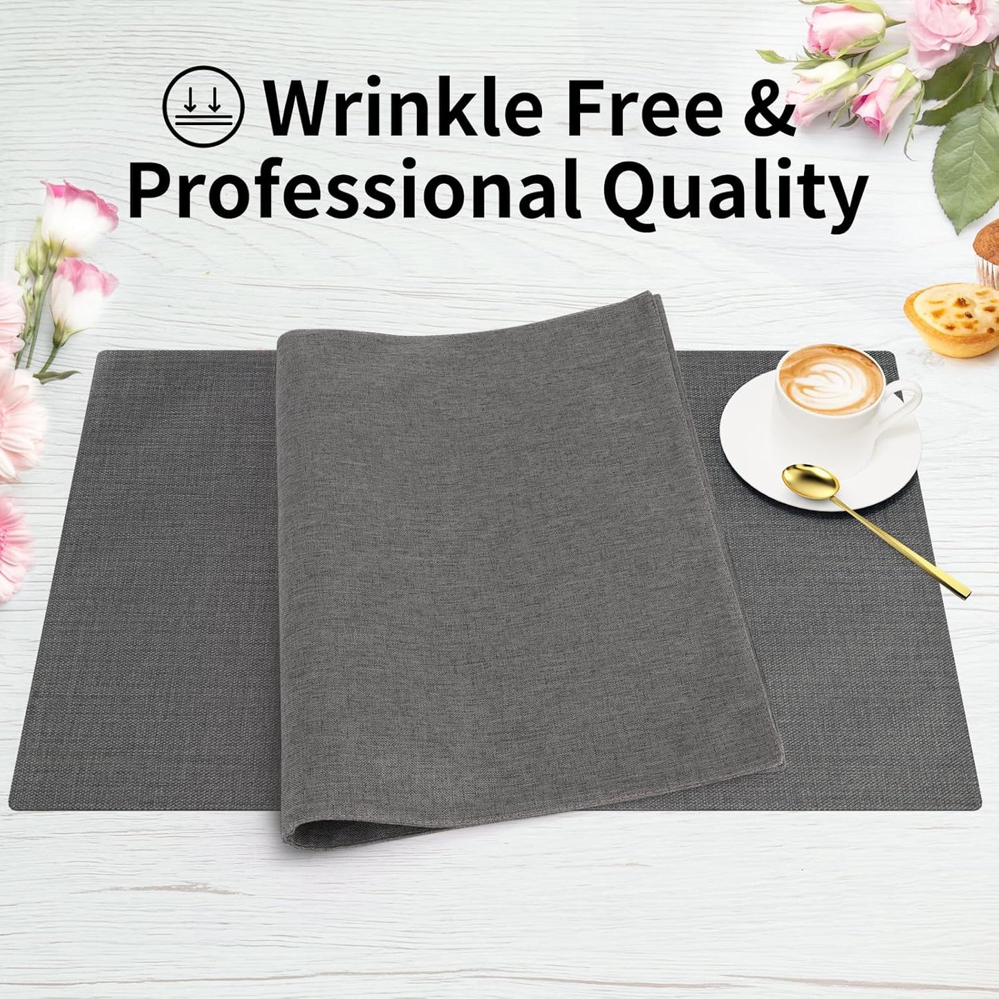 Cloth Placemats, Set of 4 Heat-Resistant Cotton Linen Blend Double Layered Machine Washable Place Mats, Wrinkle Free Thick Fabric Dining Table Mats for Indoors & Outdoors (Dark Grey, 4)