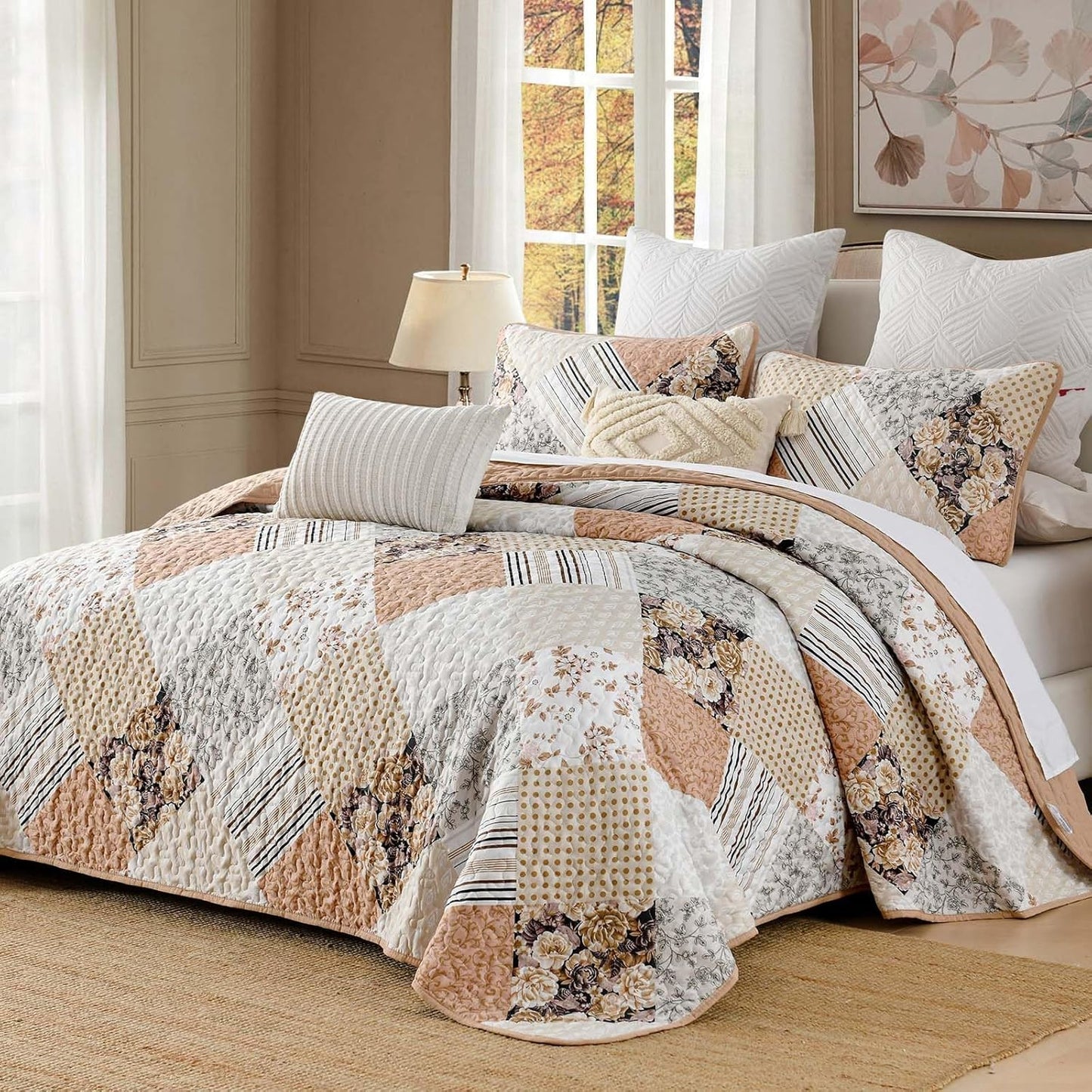 Dobuyly Fall Quilt Queen Size Set, Beige and Brown Floral Plaid Patchwork Bedspread Reversible Coverlet Set 3 Pieces, Soft Lightweight Microfiber Bedding Set for All Season, 96"x90"