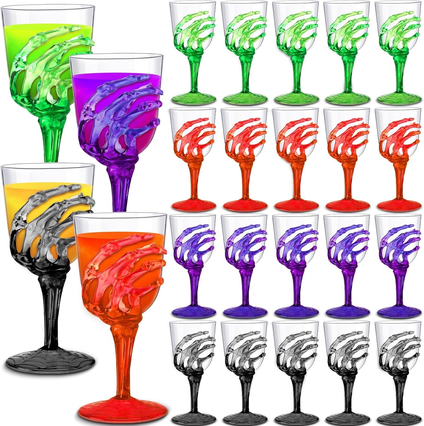 Yungyan 60 Pcs Halloween Skeleton Hand Plastic Goblets Set 12 oz Spooky Skeleton Hand Goblets Halloween Clear Cups Wine Glasses Creepy Champagne Decorations for Party Haunted House 4 Color
