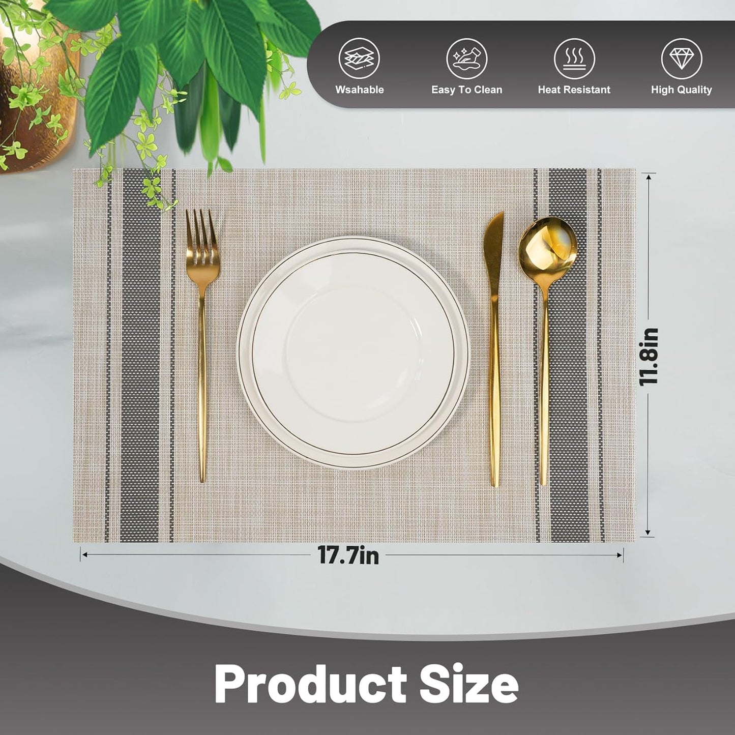 Placemats Set of 6，Non-Slip PVC Weave Table Mats Easy to Clean，Heat Resistant Place Mats for Kitchen Dining Table Decoration Indoor Outdoor，Khaki Gray