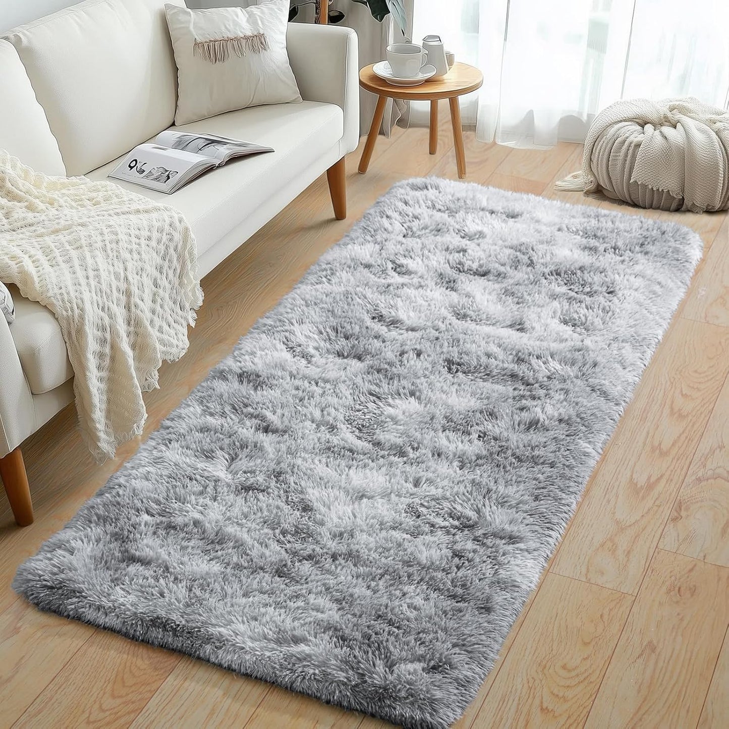 Rezutan Fluffy Rug Runners 2x6, Super Soft Grey Tie-Dyed Bedside Runner Rug for Bedroom Girls, Non-Slip Hallway Decor