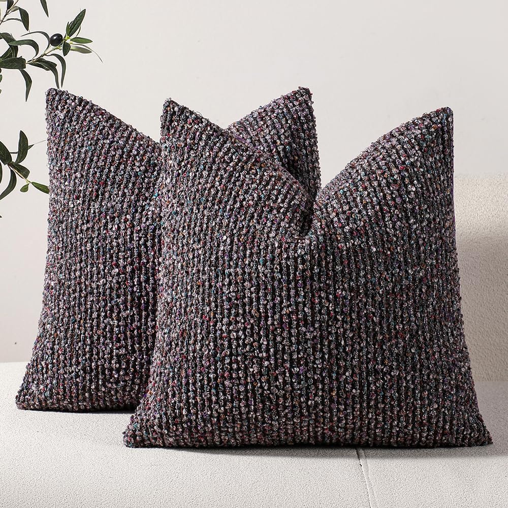 DEZENE Striped Throw Pillow Covers 18x18 Set of 2 Colorful Purple Textured Boucle Chic Morden Boho Accent Farmhouse Square Decorative Couch Pillow Covers for Home Decor Bed Sofa Living Room