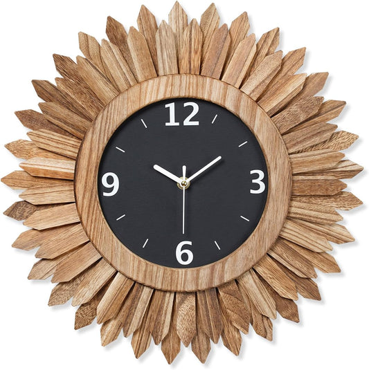 Honiway 16 Inch Wall Clocks, Rustic Wood Boho Sunburst Decorative Wall Clock Battery Operated Silent Non Ticking Farmhouse Large Wall Clocks for Living Room Kitchen Bedroom Home Decor (Rustic Brown)