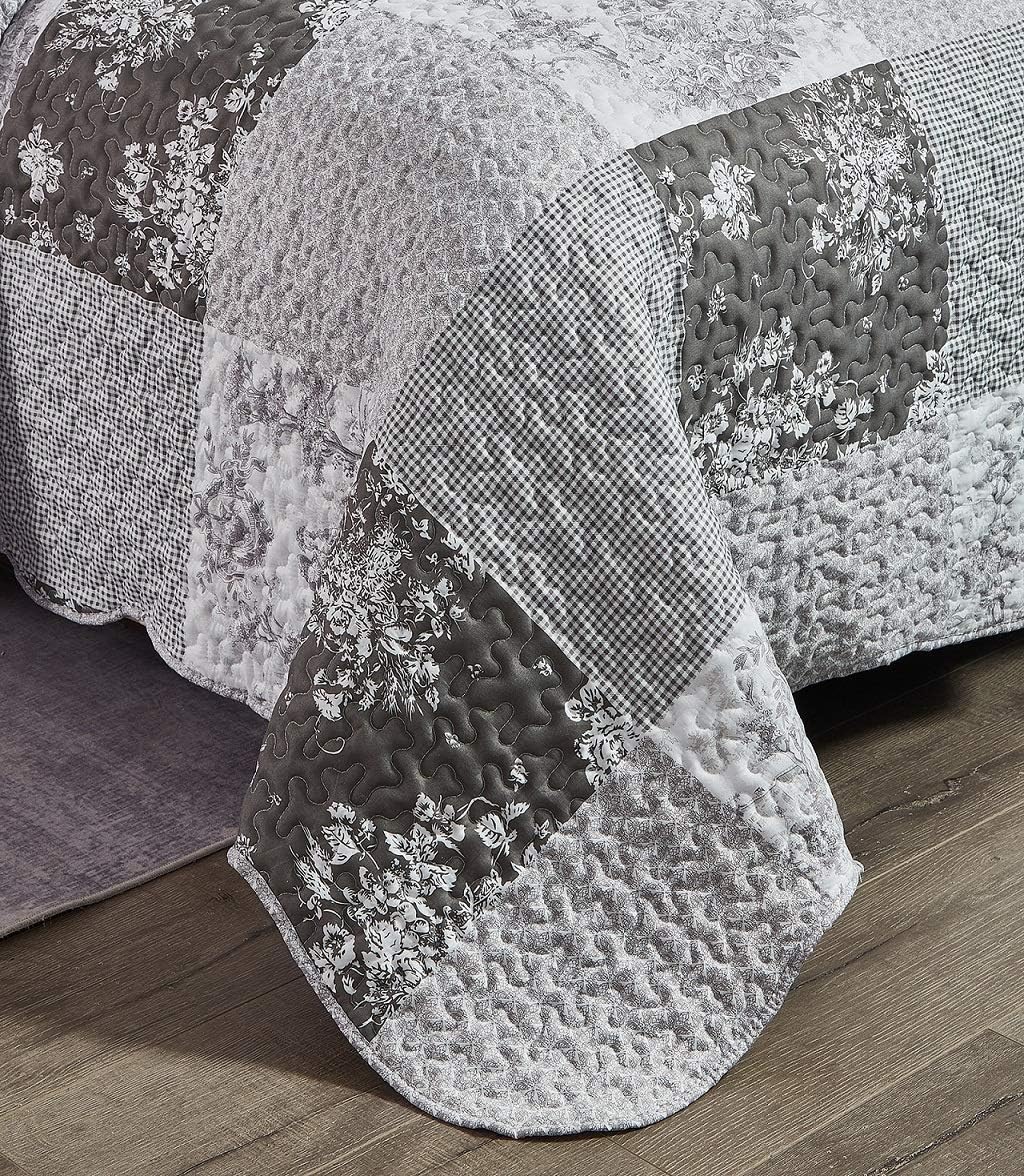 Brilliant Sunshine Grey Toile Floral Patchwork, 2-Piece Quilt Set with 1 Sham, Reversible Bedspread, Soft Lightweight Coverlet, All-Season, Twin, Grey