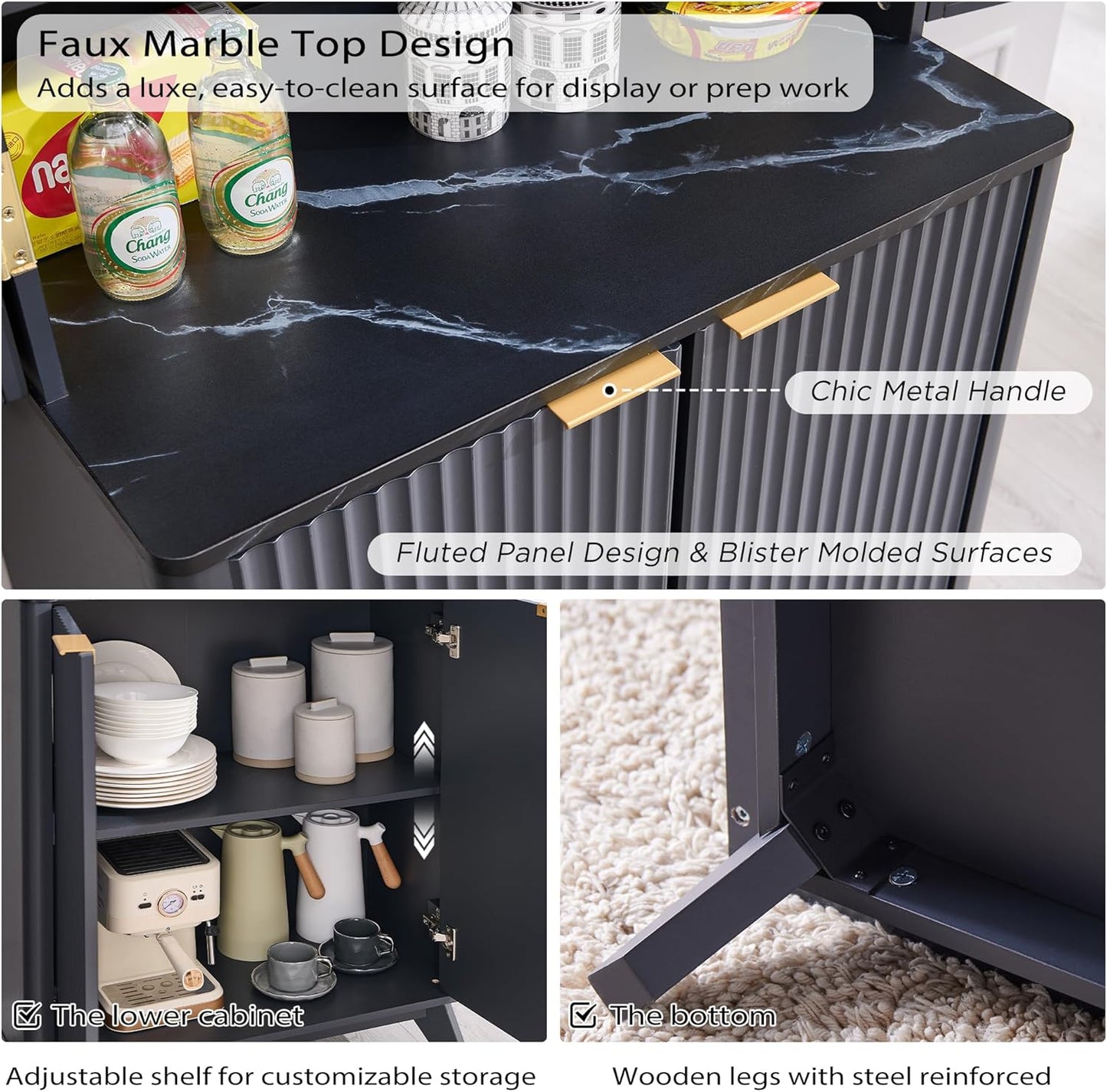 OKD Fluted Kitchen Pantry, 72" Tall Mid Century Modern Storage Cabinet with Adjustable Shelves & Door Organizer, Wood Cabinet for Kitchen, Living Room, Dark Grey