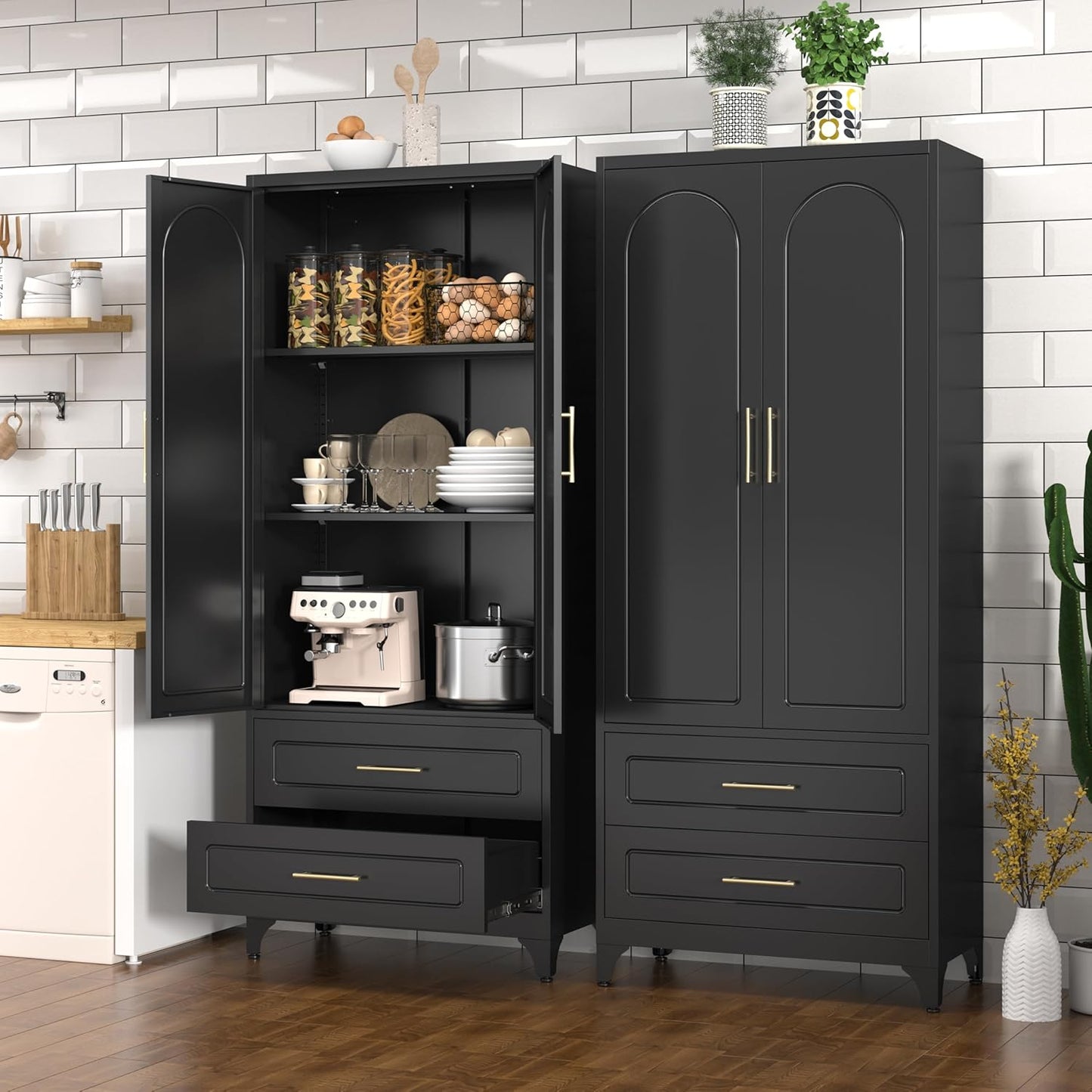 Kitchen Pantry Cabinet, 75" Tall Metal Pantry Cabinet with Two Drawers, Food Cupboards with Doors and Shelves, Freestanding Storage Cabinets for Dining, Living Room, Black, Assembly Required