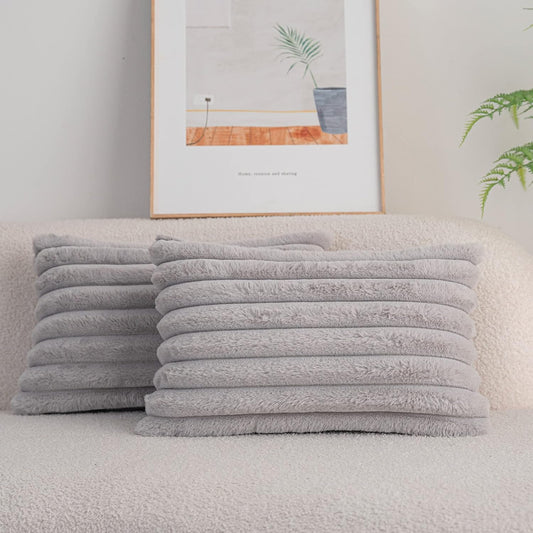 DEELAND Pack of 2,Double-Sided Faux Fur Plush Decorative Throw Pillow Covers Fuzzy Striped Soft Pillowcase Cushion Covers for Sofa Couch Bedroom Lightgrey 12x20 inch