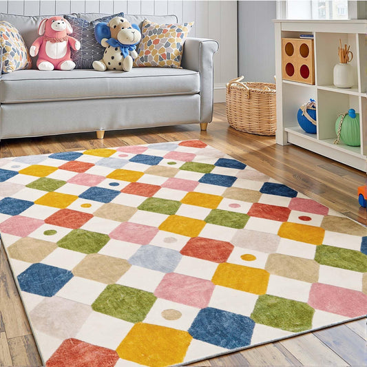 jinchan Area Rug 4x6 Kids Washable Indoor Floor Cover Non-Slip Modern Soft Rug Elementary School Classroom Colorful Diamond Carpet for Nursery Playroom Daycare Bedroom Living Room Circus on Cream